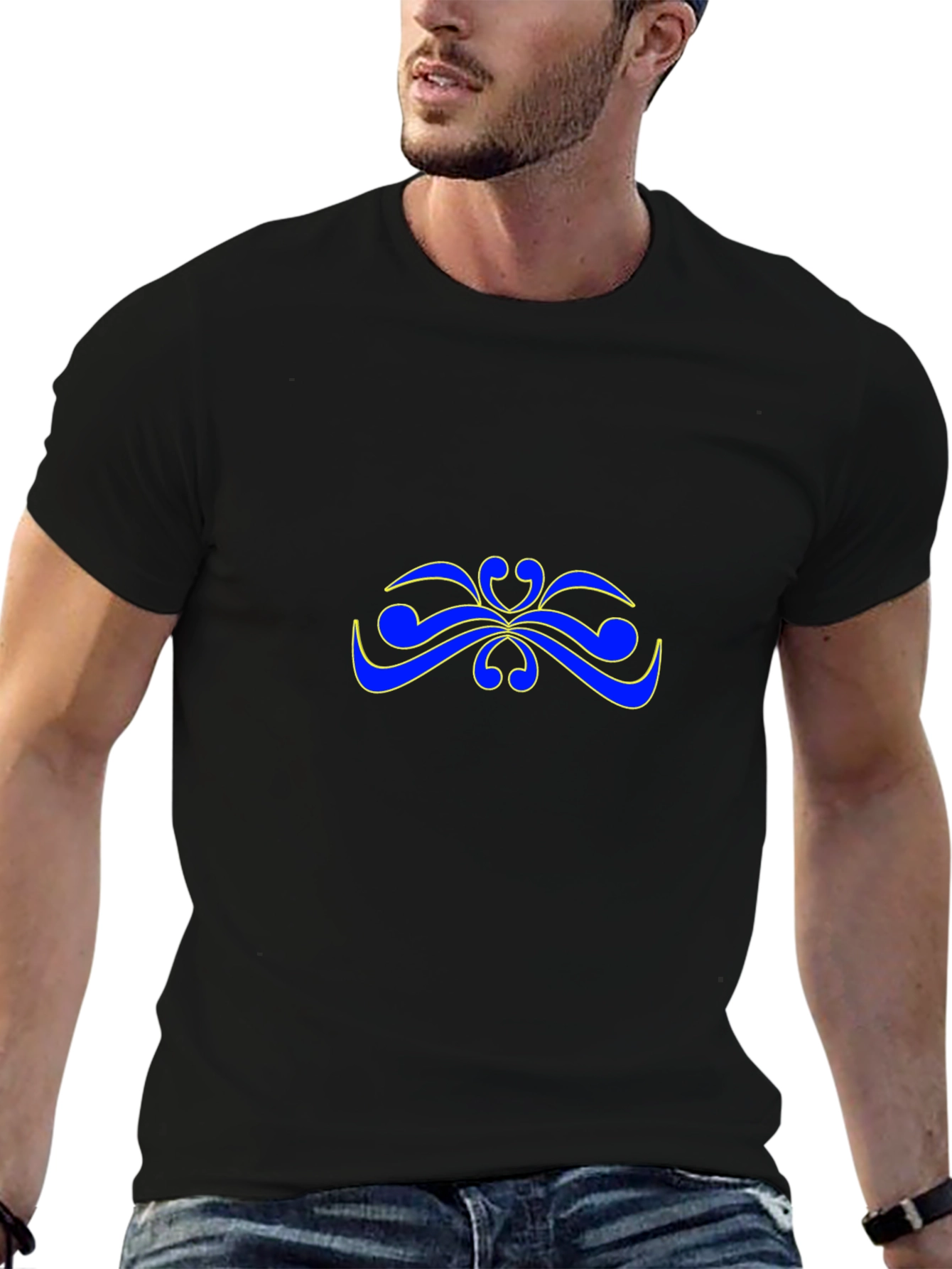 Stylish Black T-Shirt with Blue & Yellow Abstract Design