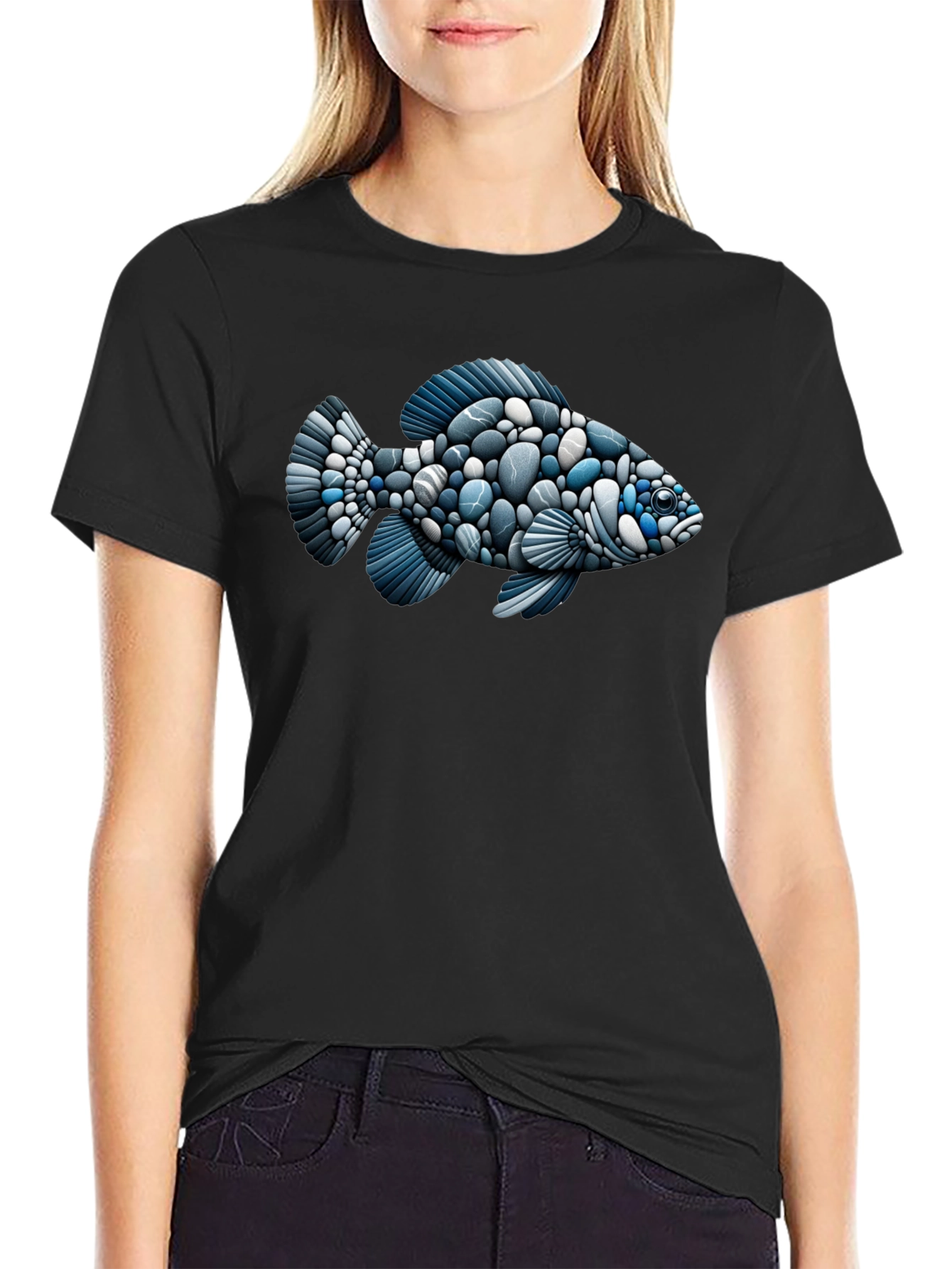 Stone Fish Graphic Tee - Black Cotton Blend Shirt