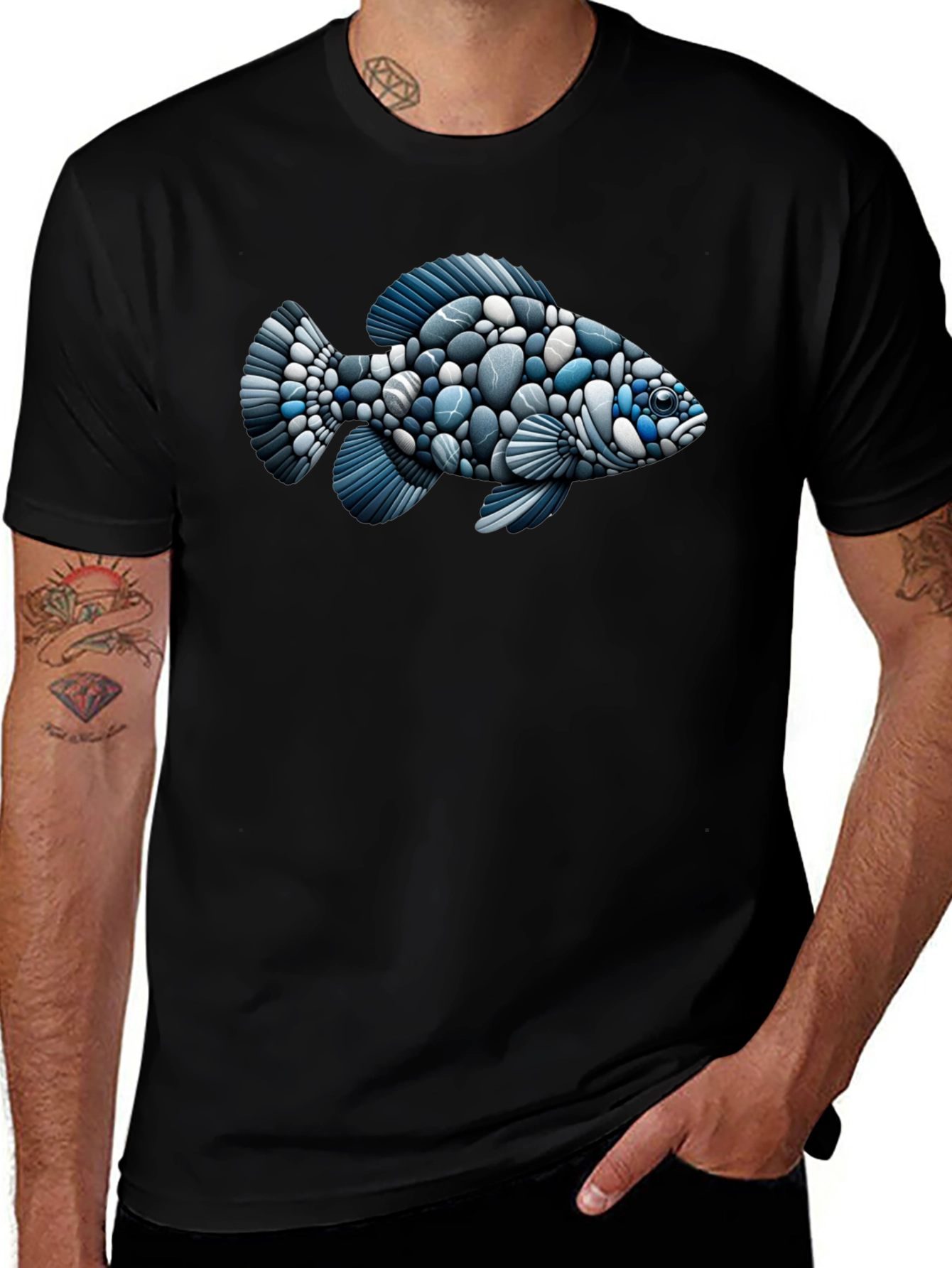 Stone Fish Graphic Tee - Black Cotton Blend Shirt