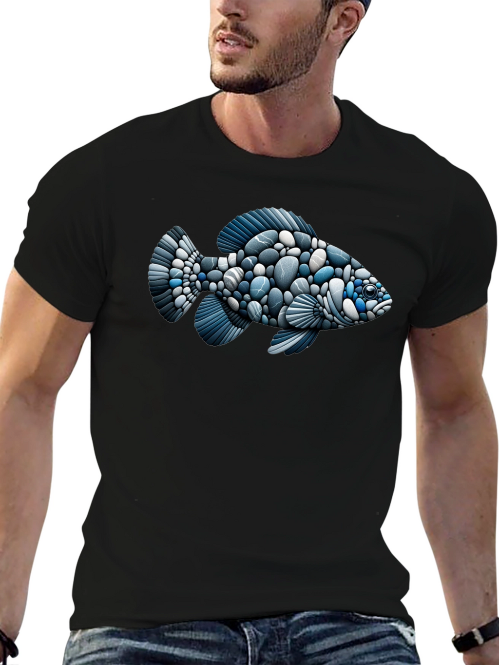 Stone Fish Graphic Tee - Black Cotton Blend Shirt