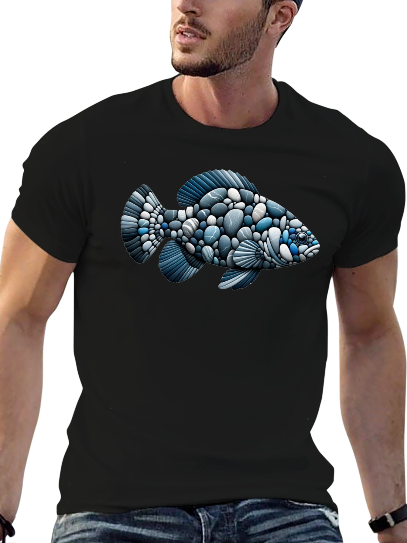 Stone Fish Graphic Tee - Black Cotton Blend Shirt