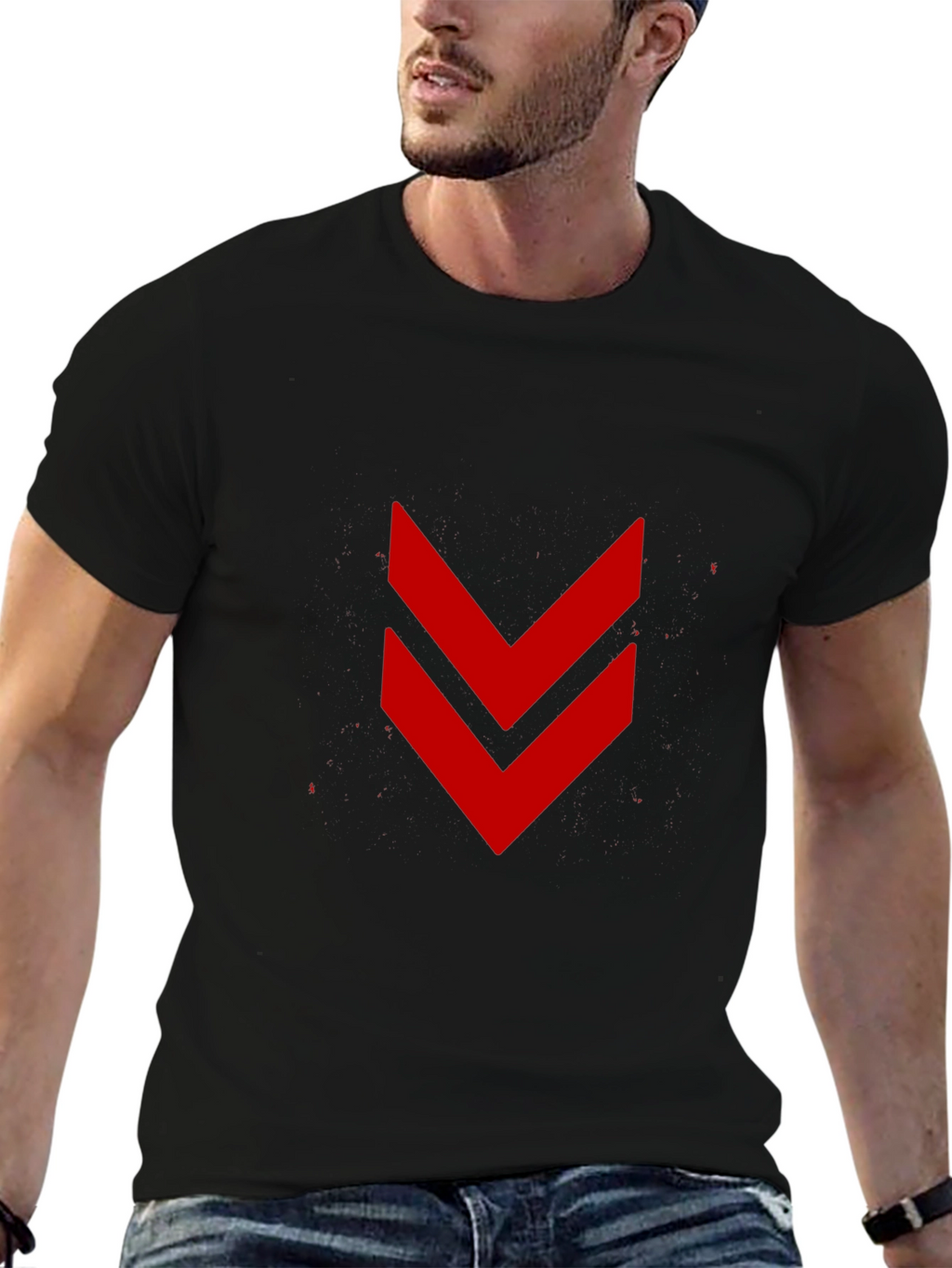 Modern Black Tee with Red Chevron Design
