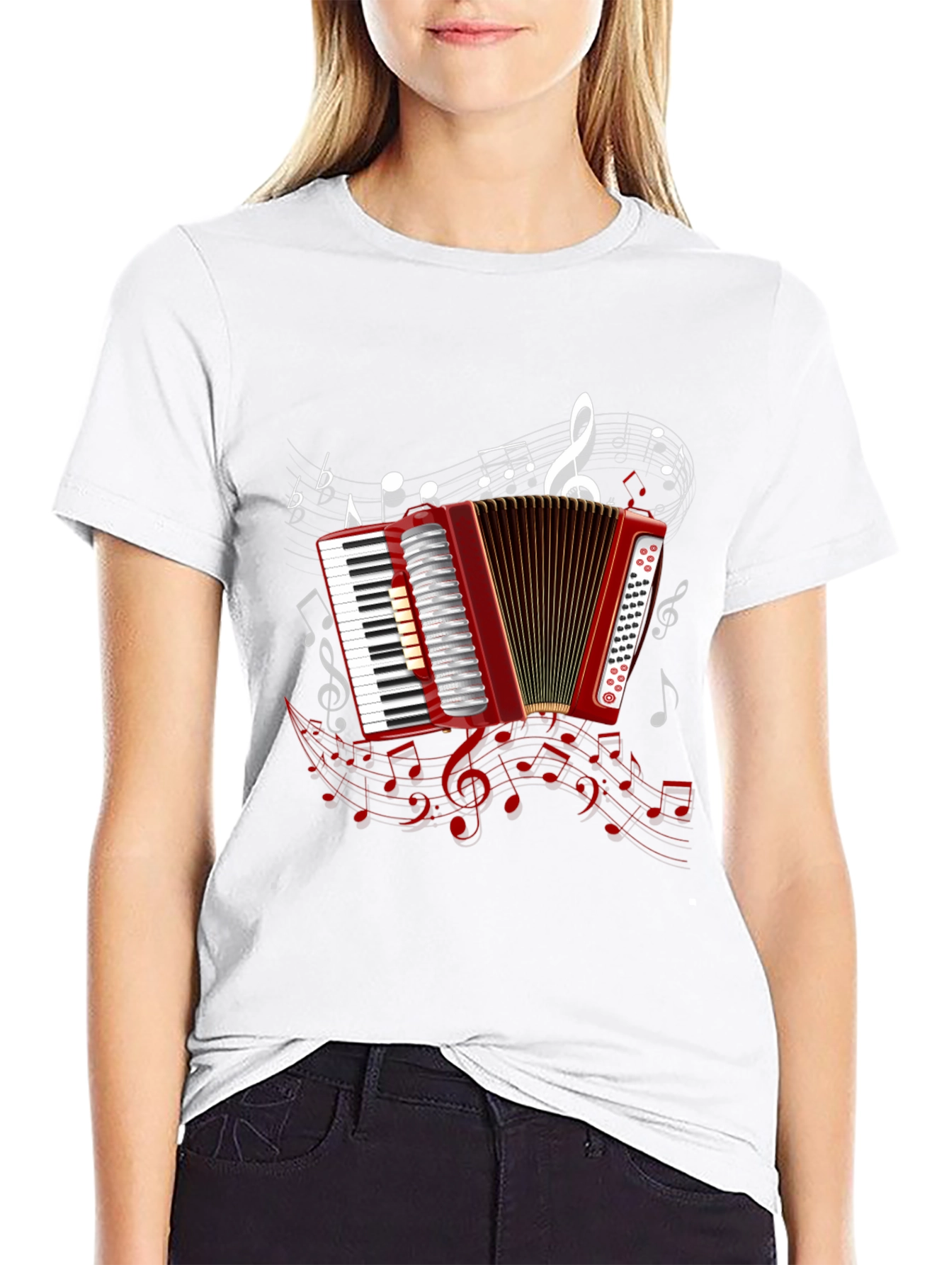 Accordion Music Note Graphic Black Tee
