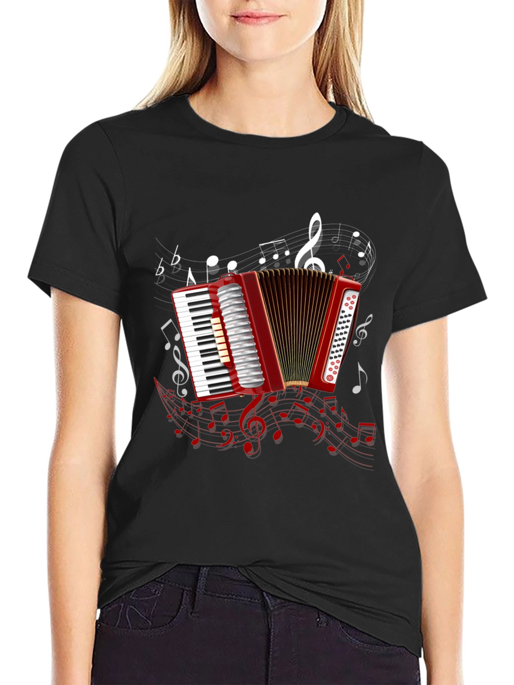 Accordion Music Note Graphic Black Tee