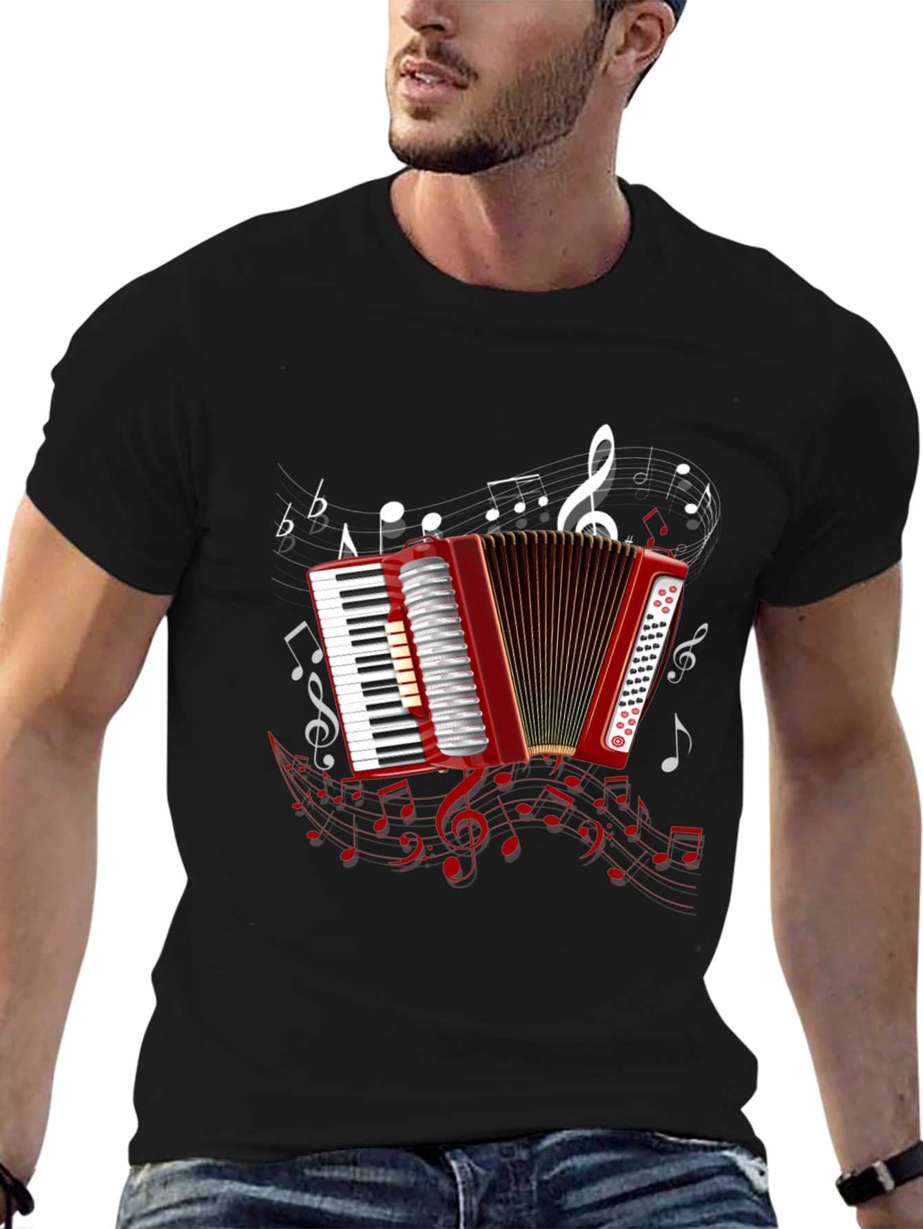 Accordion Music Note Graphic Black Tee