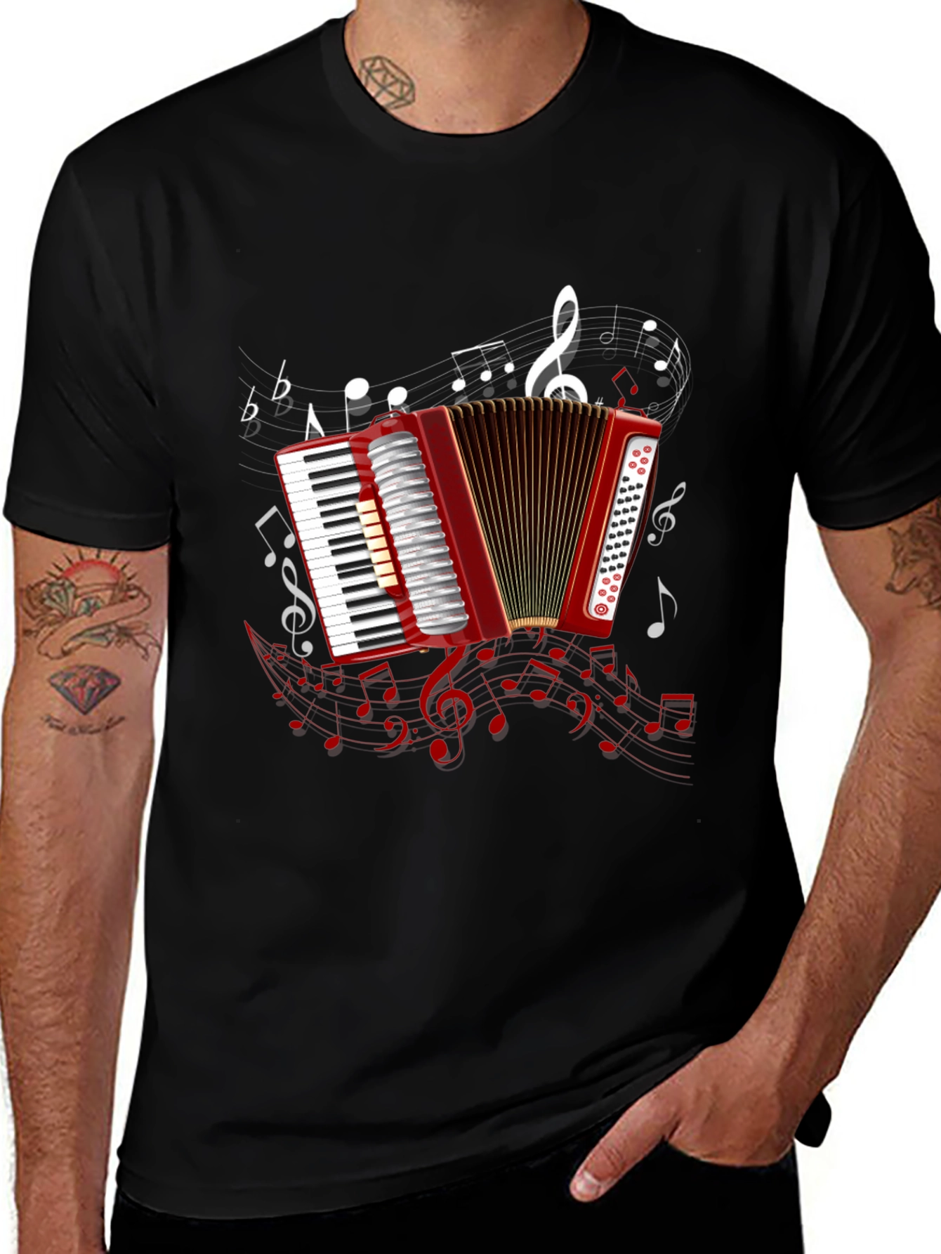 Accordion Music Note Graphic Black Tee