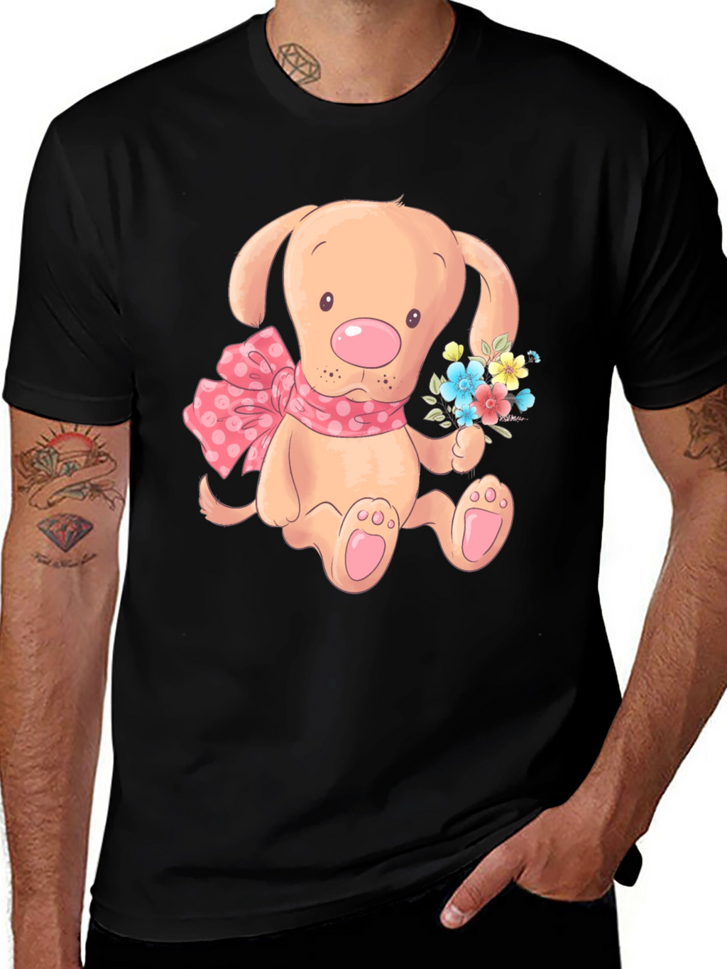 Cute Puppy T-Shirt - Mens Black Cotton Blend