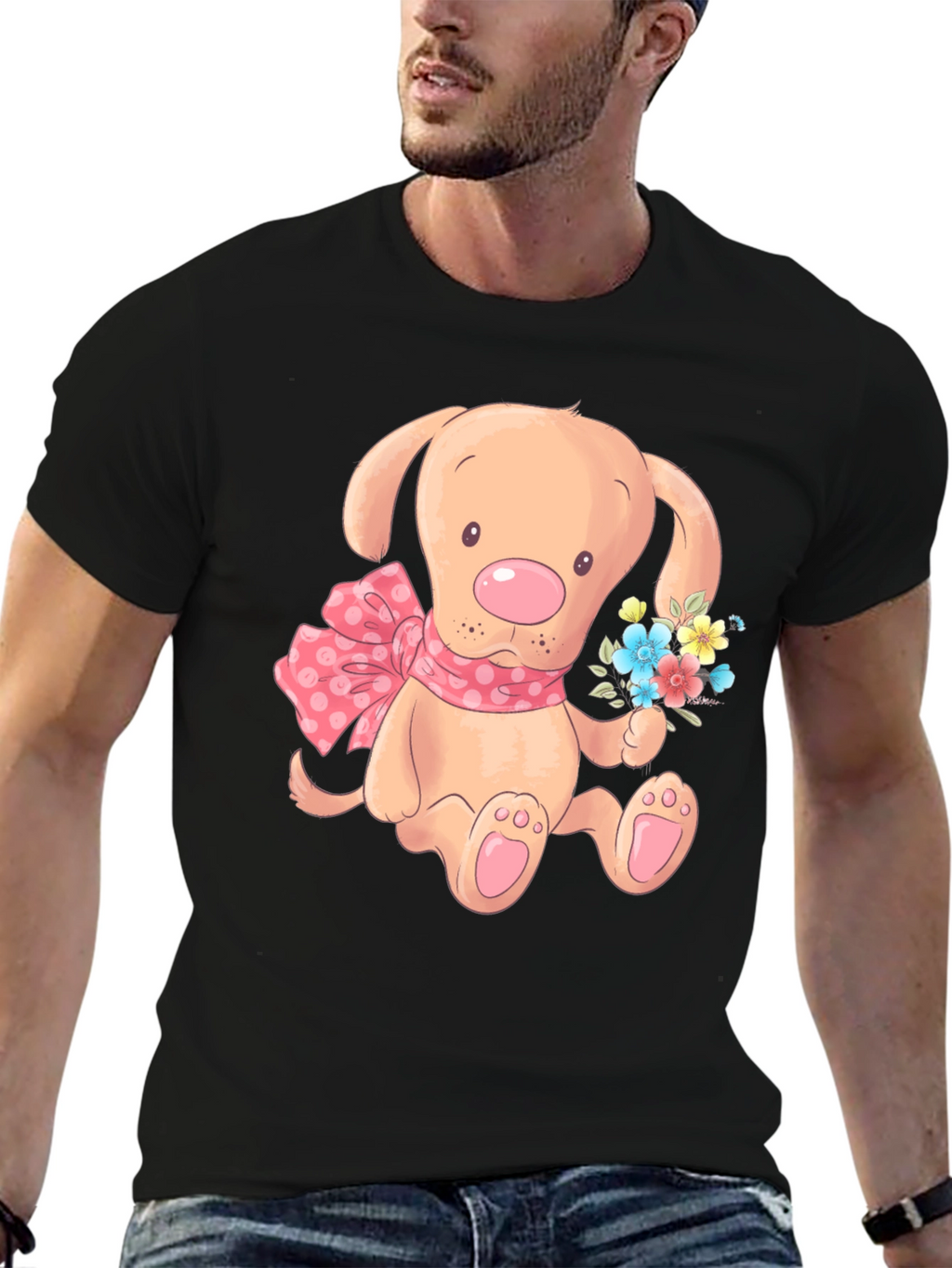 Cute Puppy T-Shirt - Mens Black Cotton Blend