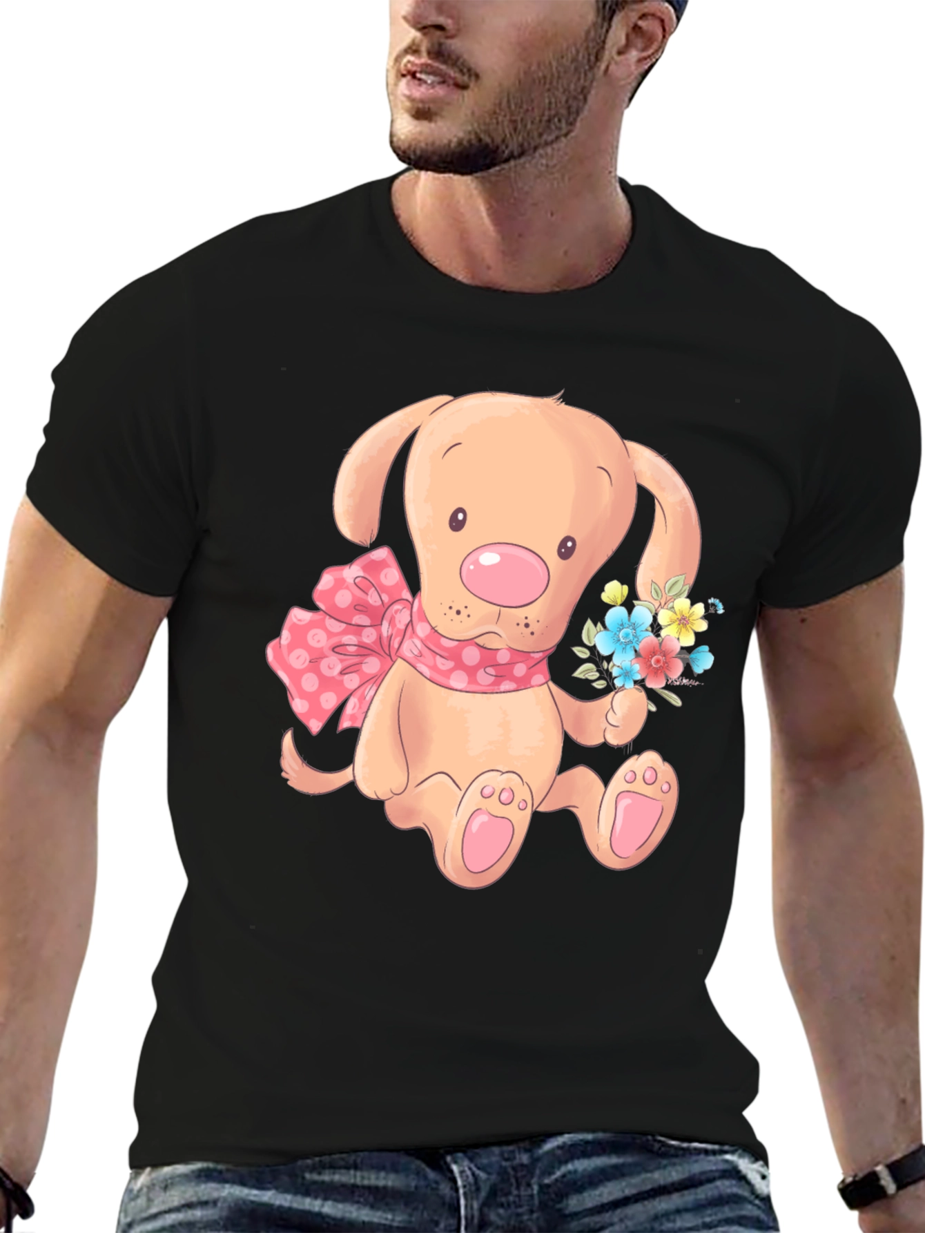 Cute Puppy T-Shirt - Mens Black Cotton Blend