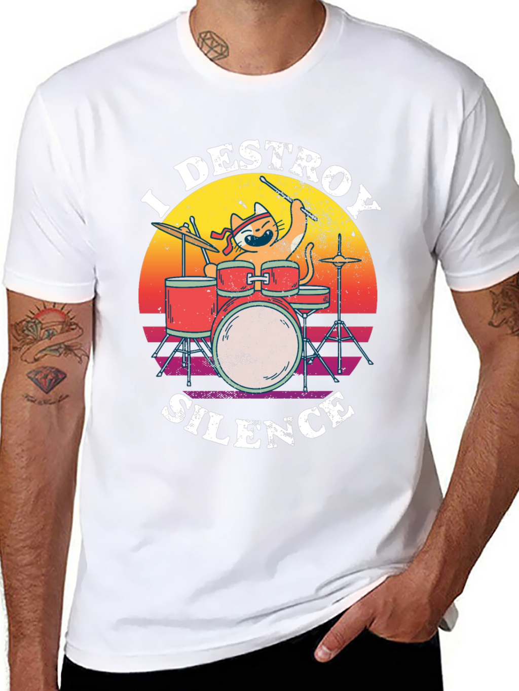 Destroy Silence Cat Drummer Graphic Tee