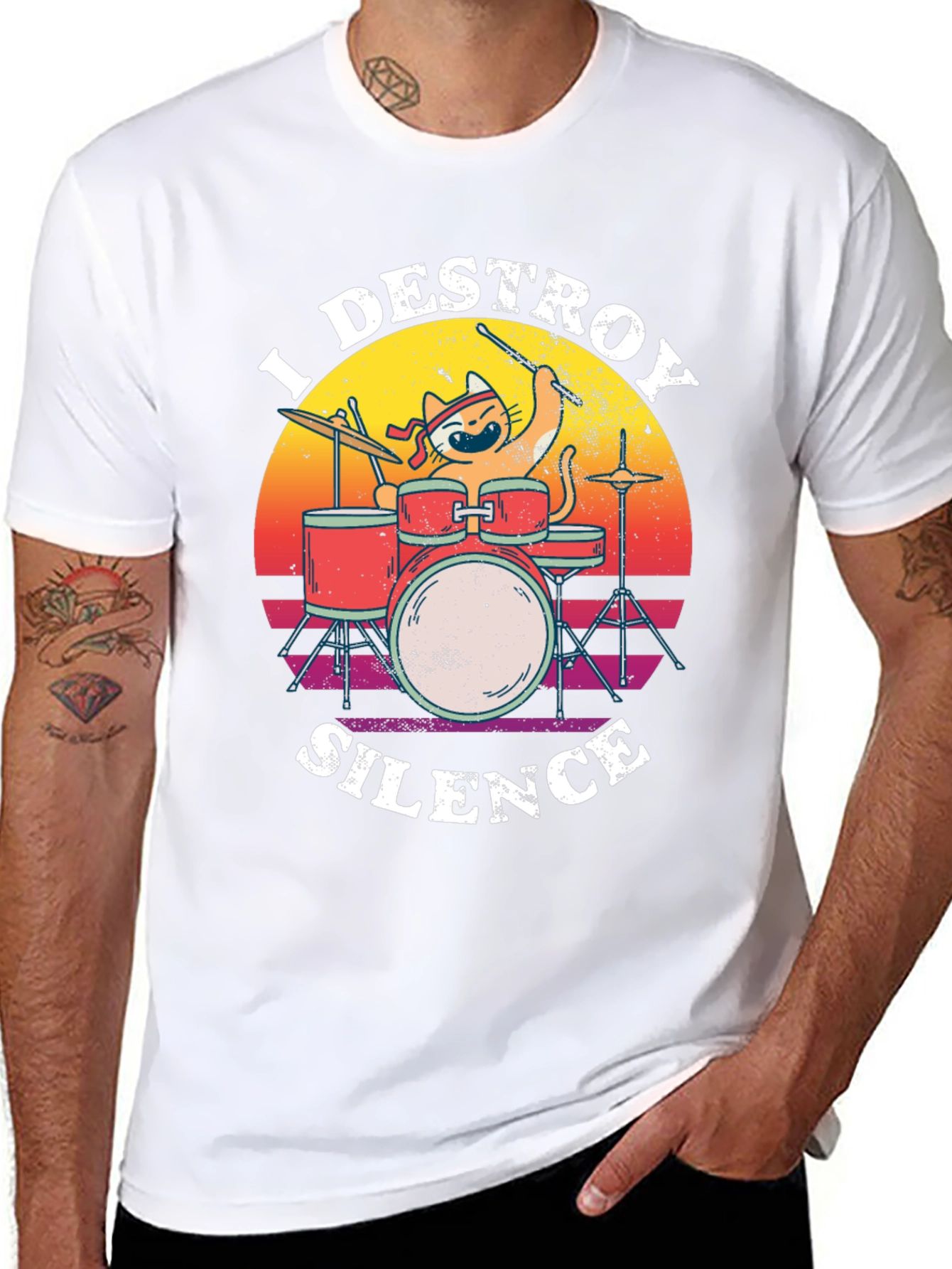 Destroy Silence Cat Drummer Graphic Tee