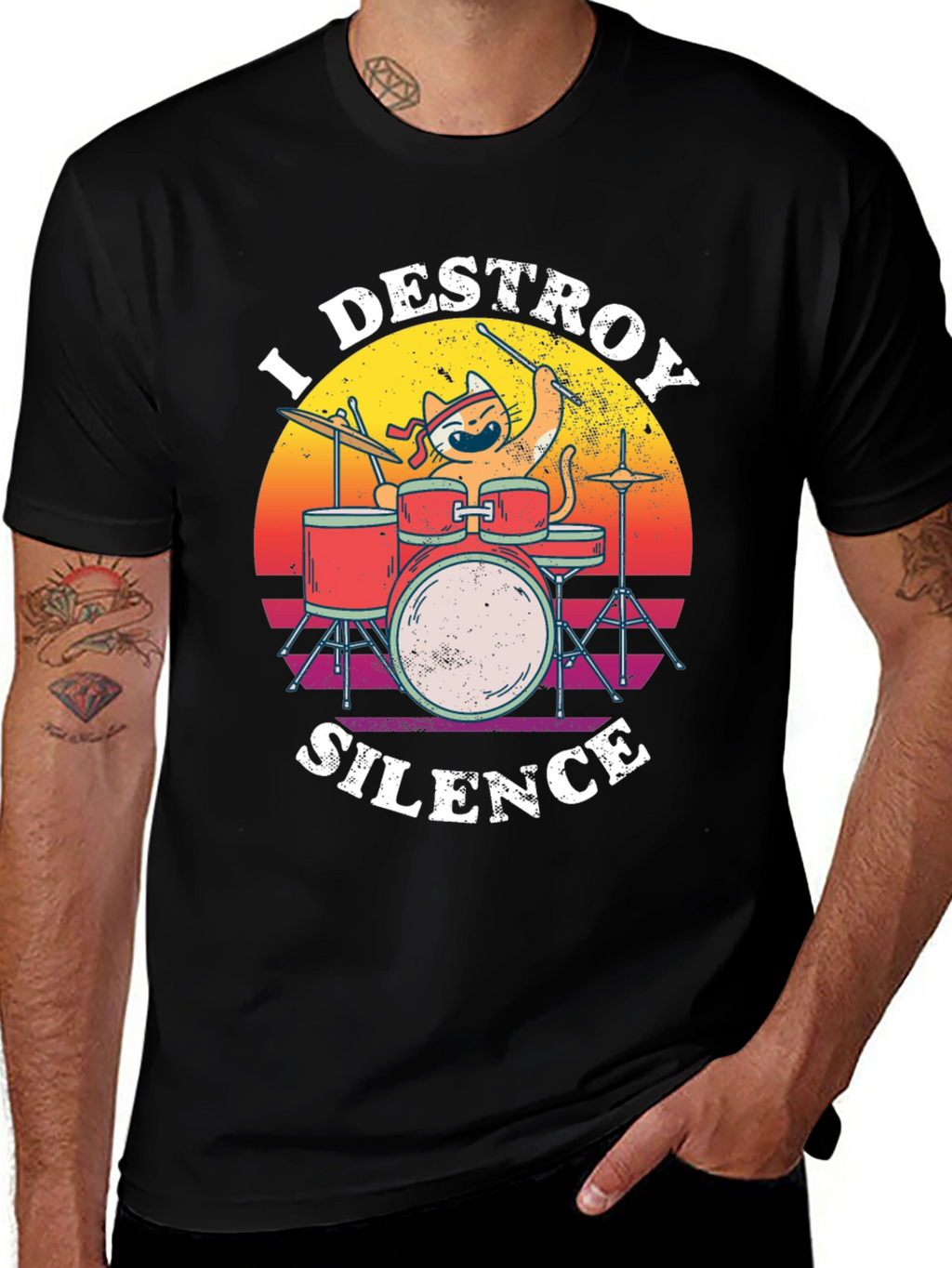 Destroy Silence Cat Drummer Graphic Tee