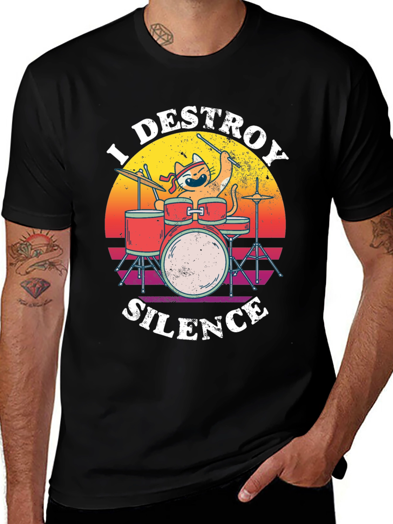 Destroy Silence Cat Drummer Graphic Tee