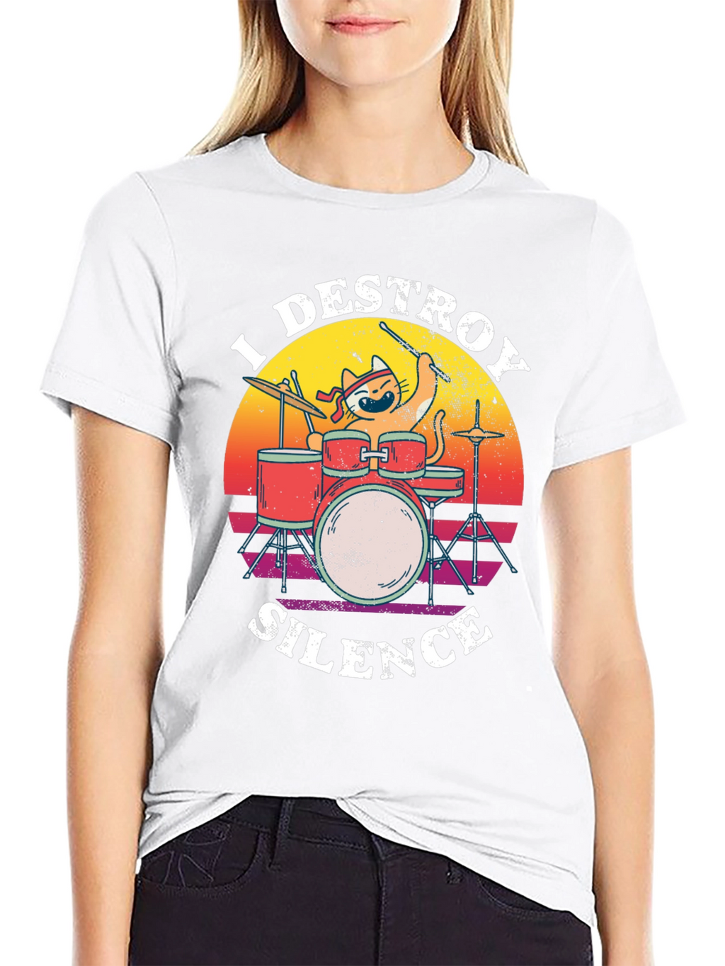 Destroy Silence Cat Drummer Graphic Tee
