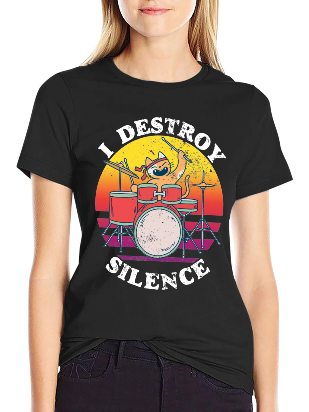 Destroy Silence Cat Drummer Graphic Tee