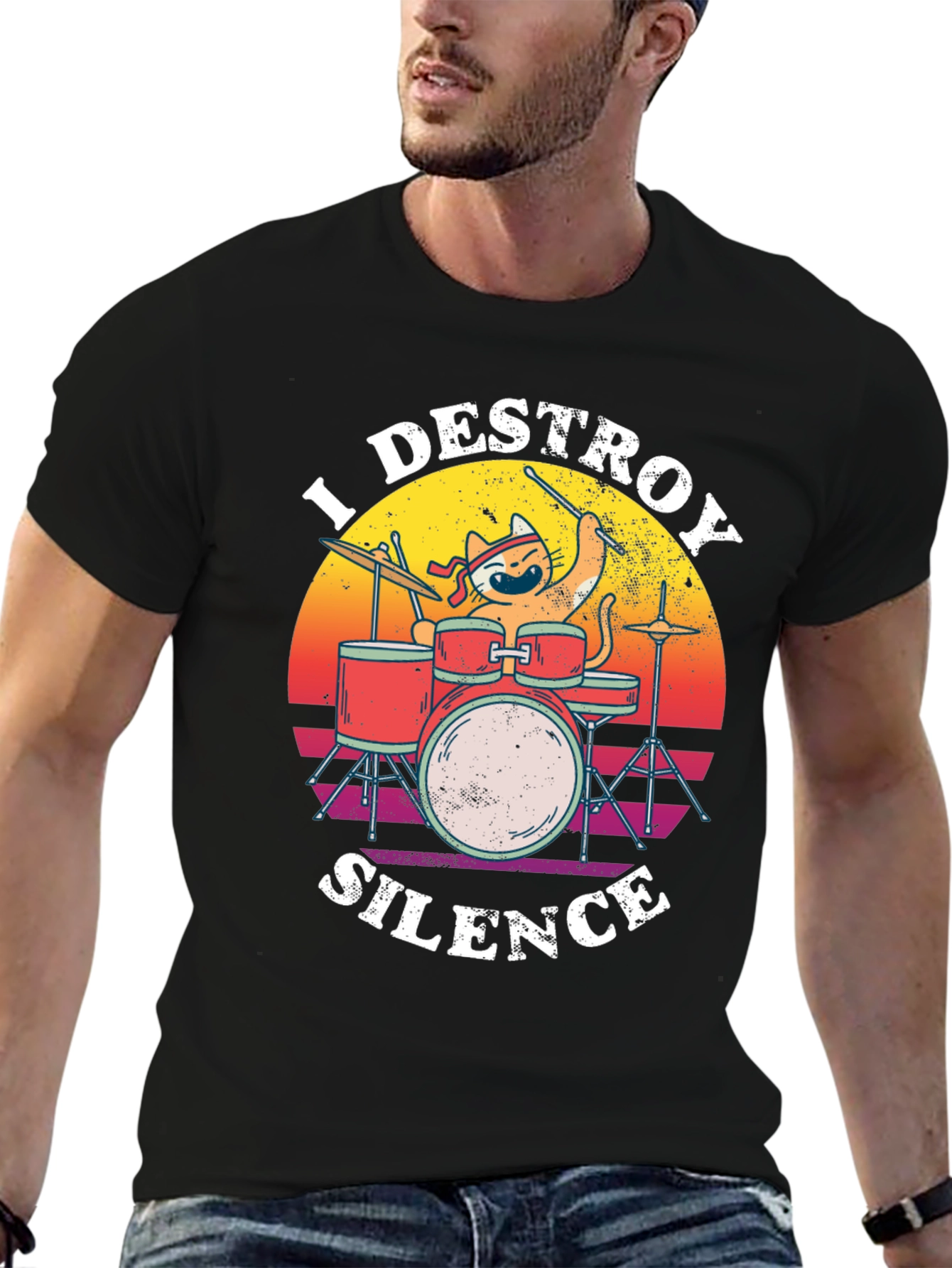Destroy Silence Cat Drummer Graphic Tee