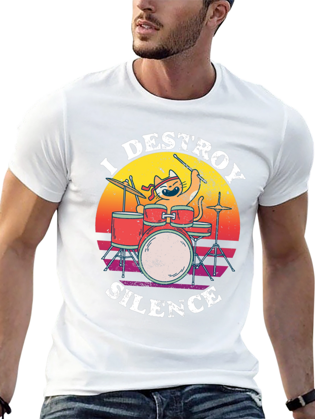 Destroy Silence Cat Drummer Graphic Tee