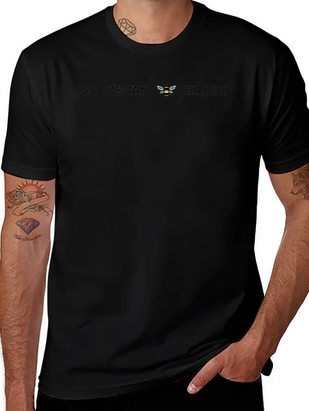 Go Vegan Bee Happy T-Shirt - Black Unisex Tee