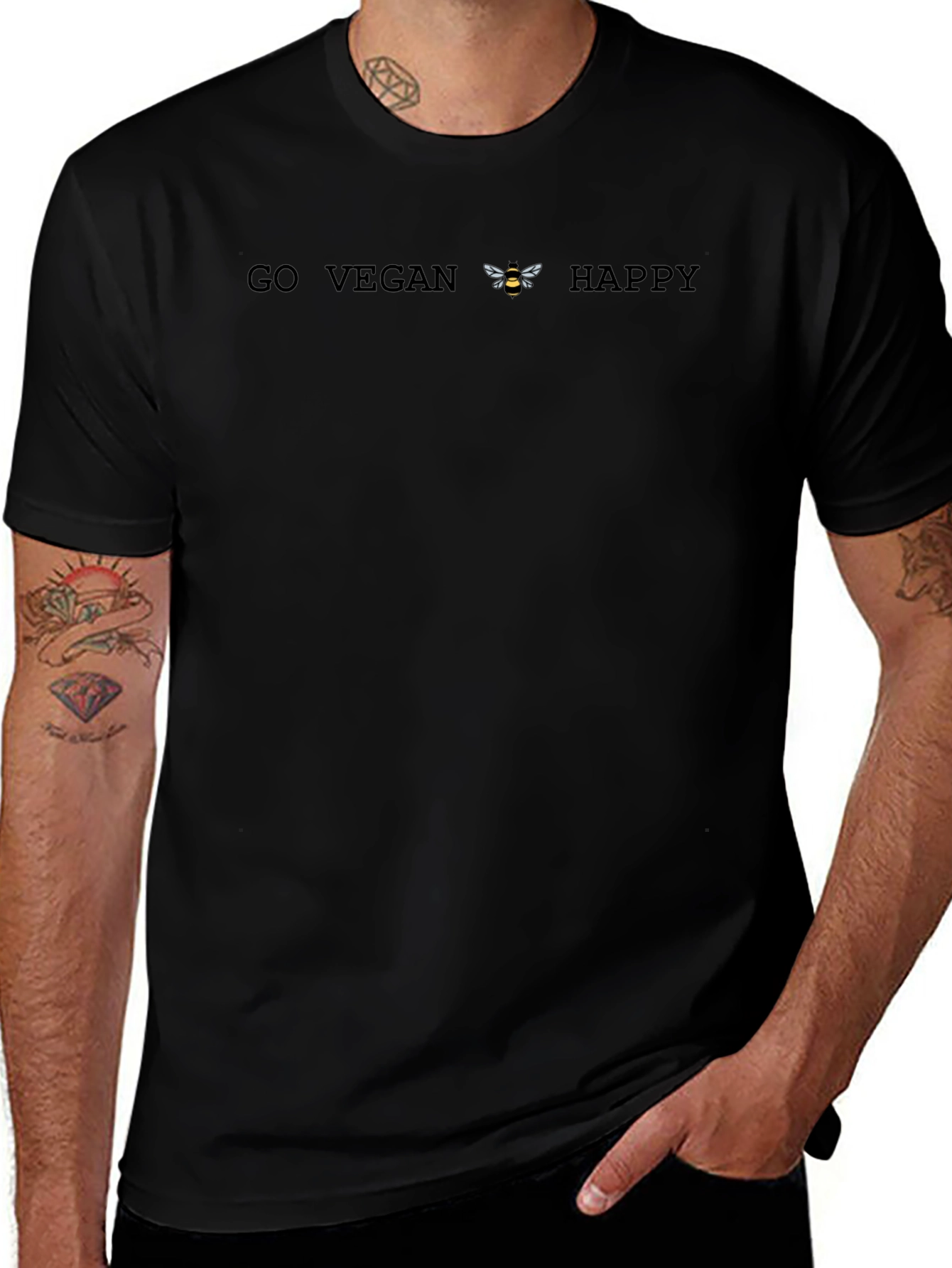 Go Vegan Bee Happy T-Shirt - Black Unisex Tee