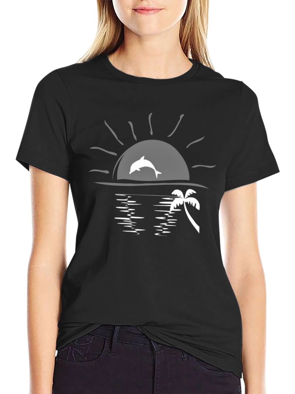 Sunset Dolphin Graphic Tee - Black