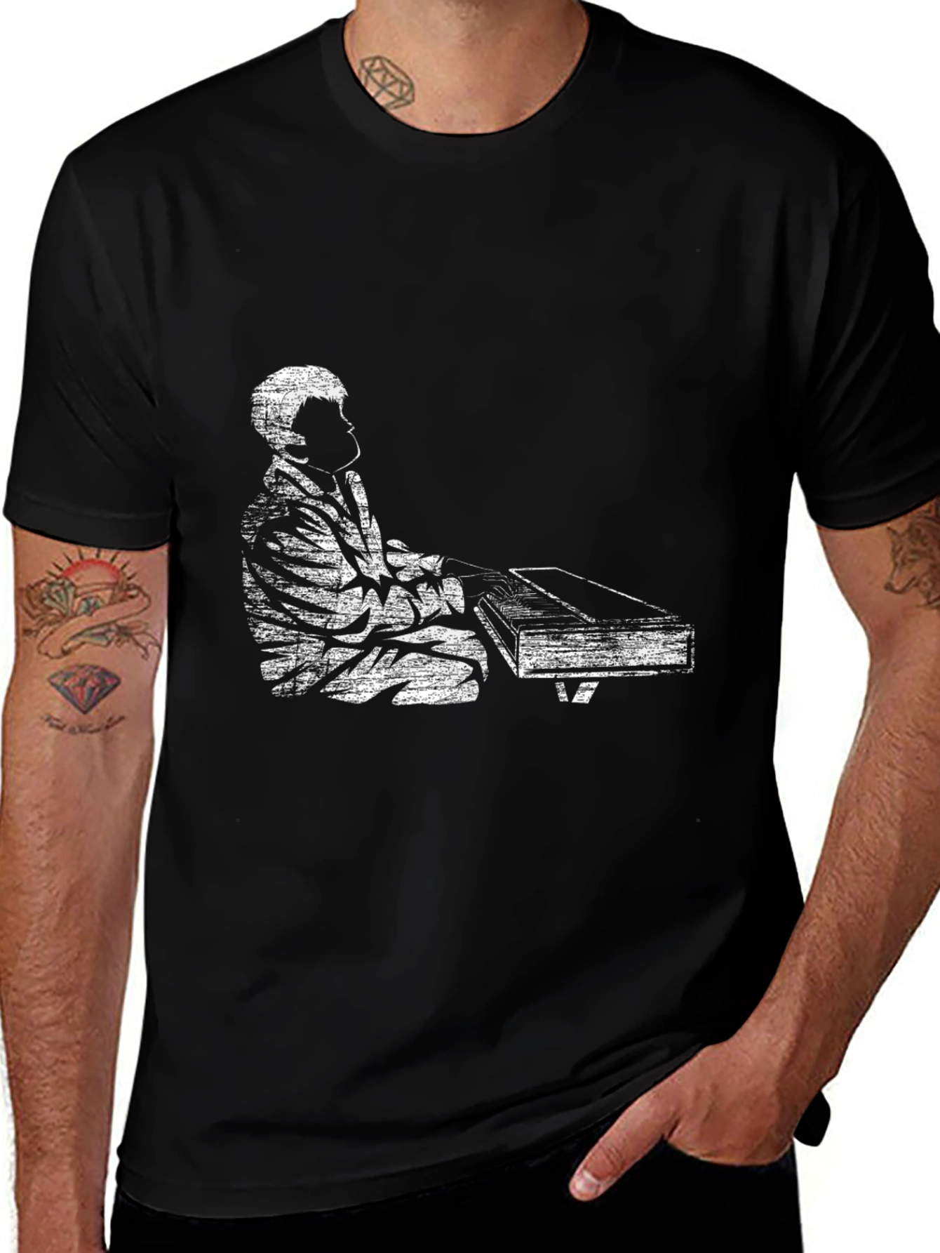 Vintage Piano Player Graphic Tee - Black Casual T-Shirt