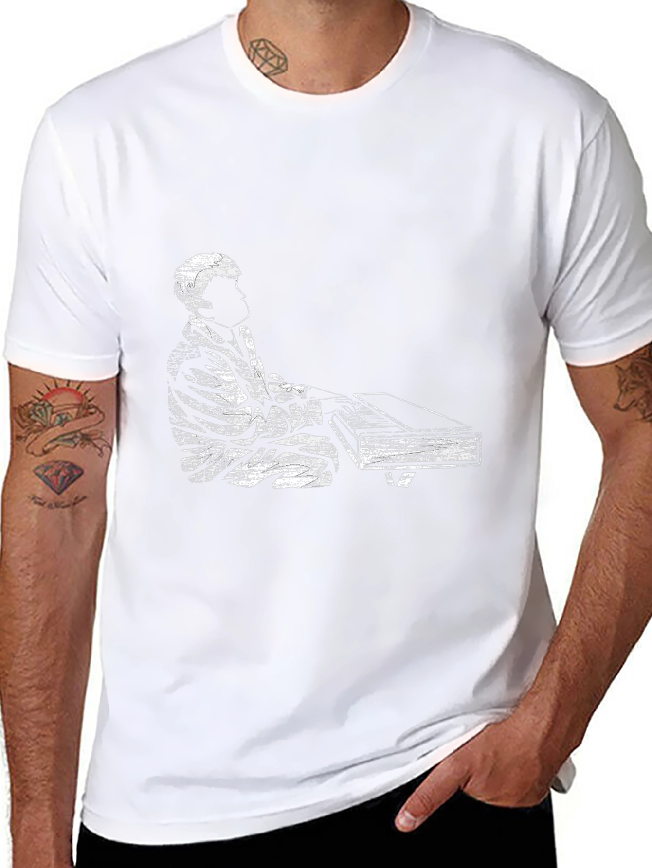 Vintage Piano Player Graphic Tee - Black Casual T-Shirt