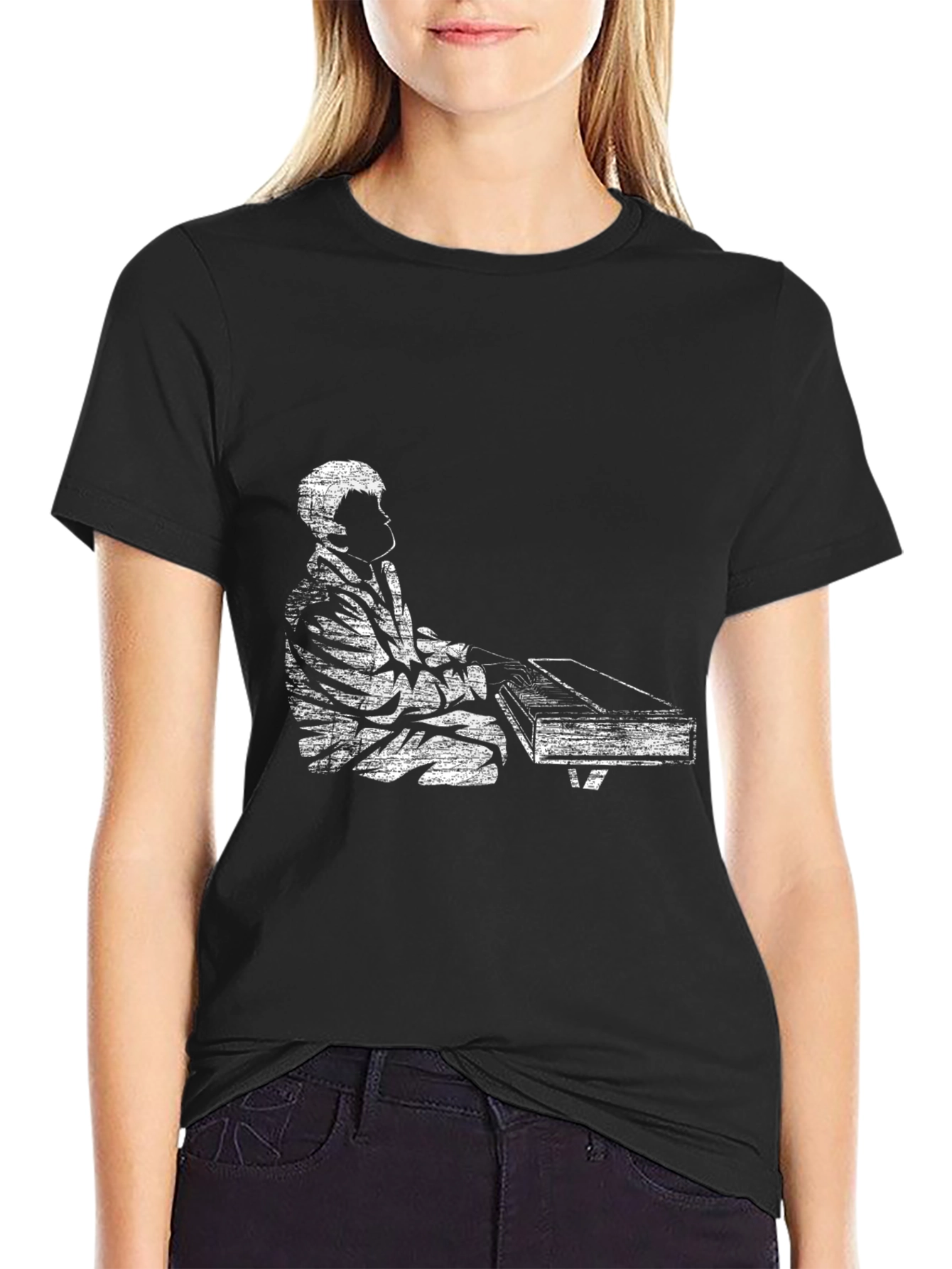 Vintage Piano Player Graphic Tee - Black Casual T-Shirt