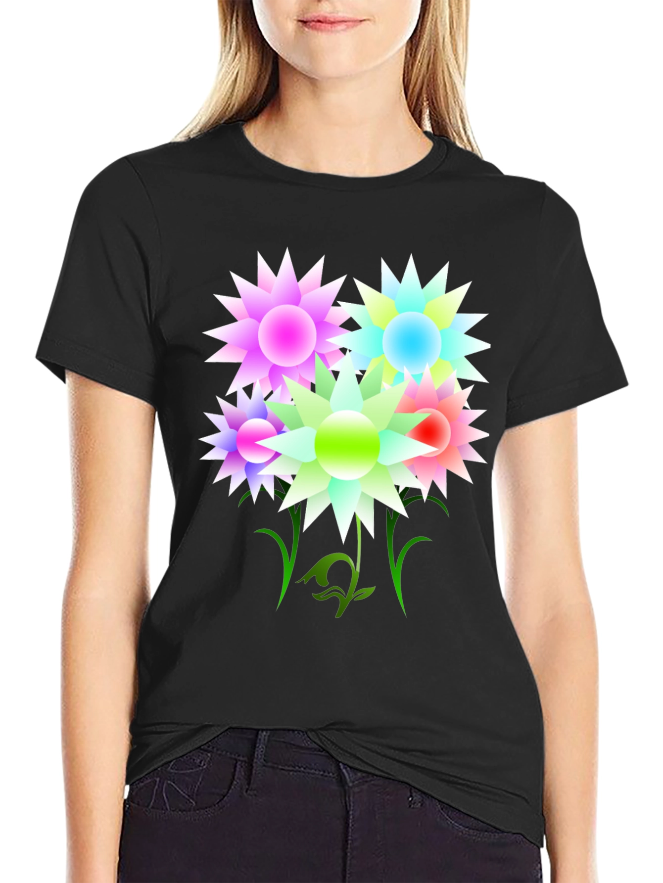 Colorful Floral Graphic Print Black T-Shirt
