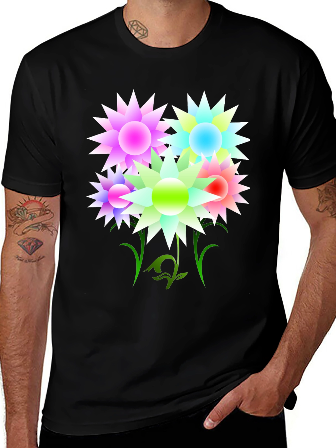 Colorful Floral Graphic Print Black T-Shirt