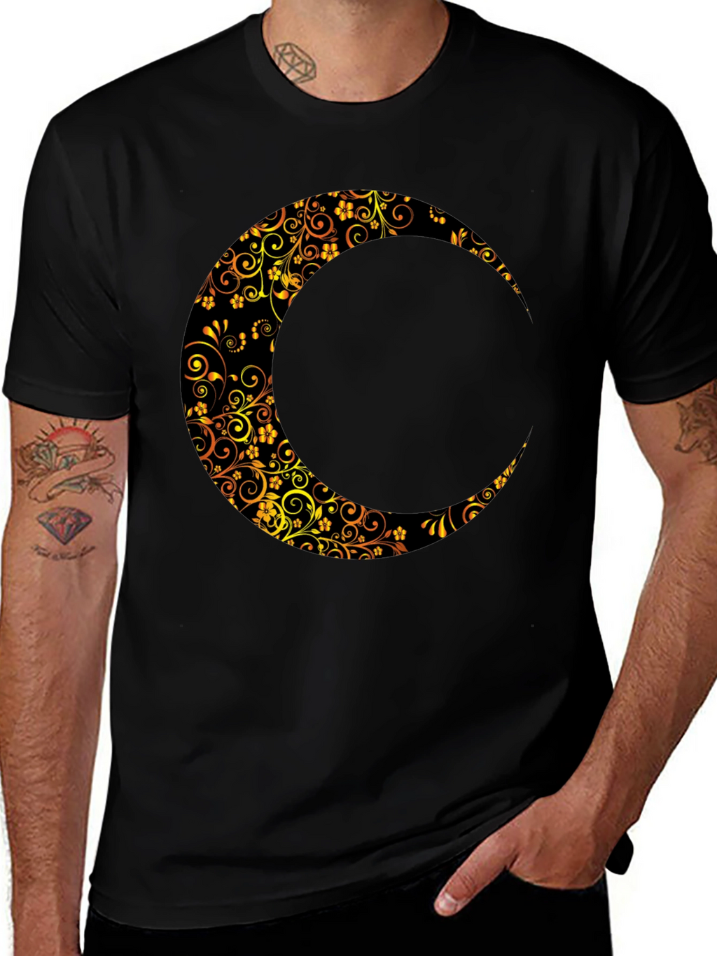 Floral Crescent Moon Black T-Shirt