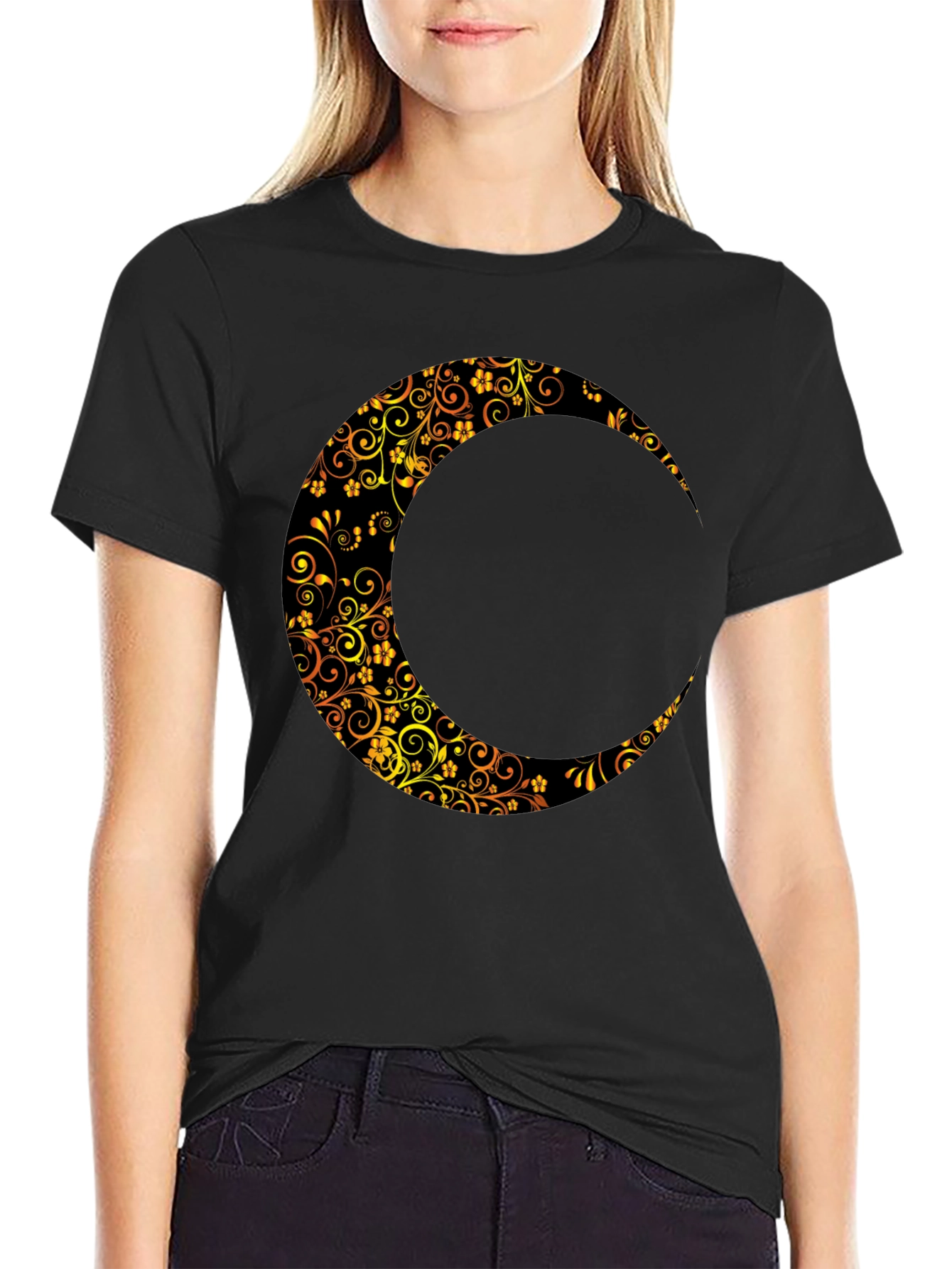Floral Crescent Moon Black T-Shirt