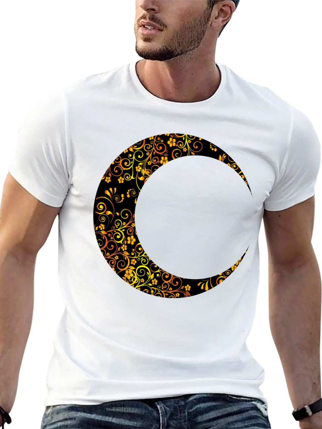 Floral Crescent Moon Black T-Shirt