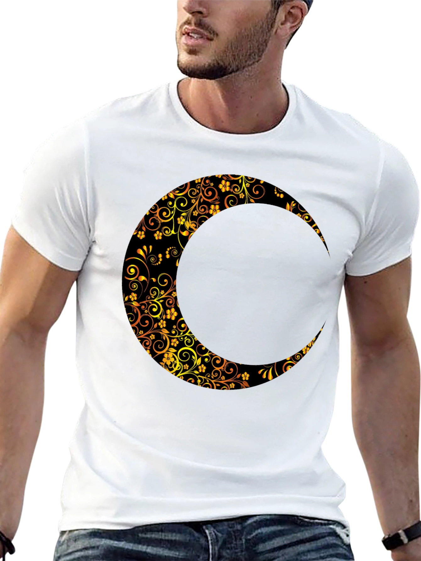 Floral Crescent Moon Black T-Shirt