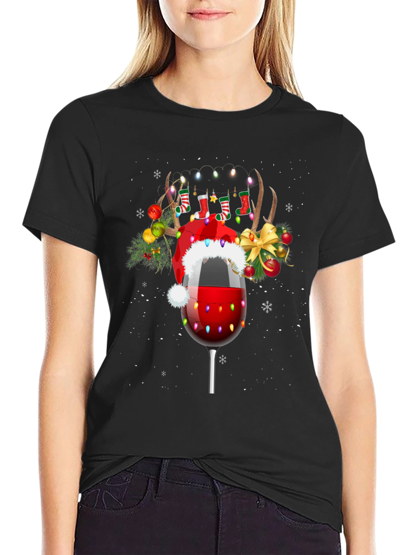 Festive Wine Glass Reindeer T-Shirt
