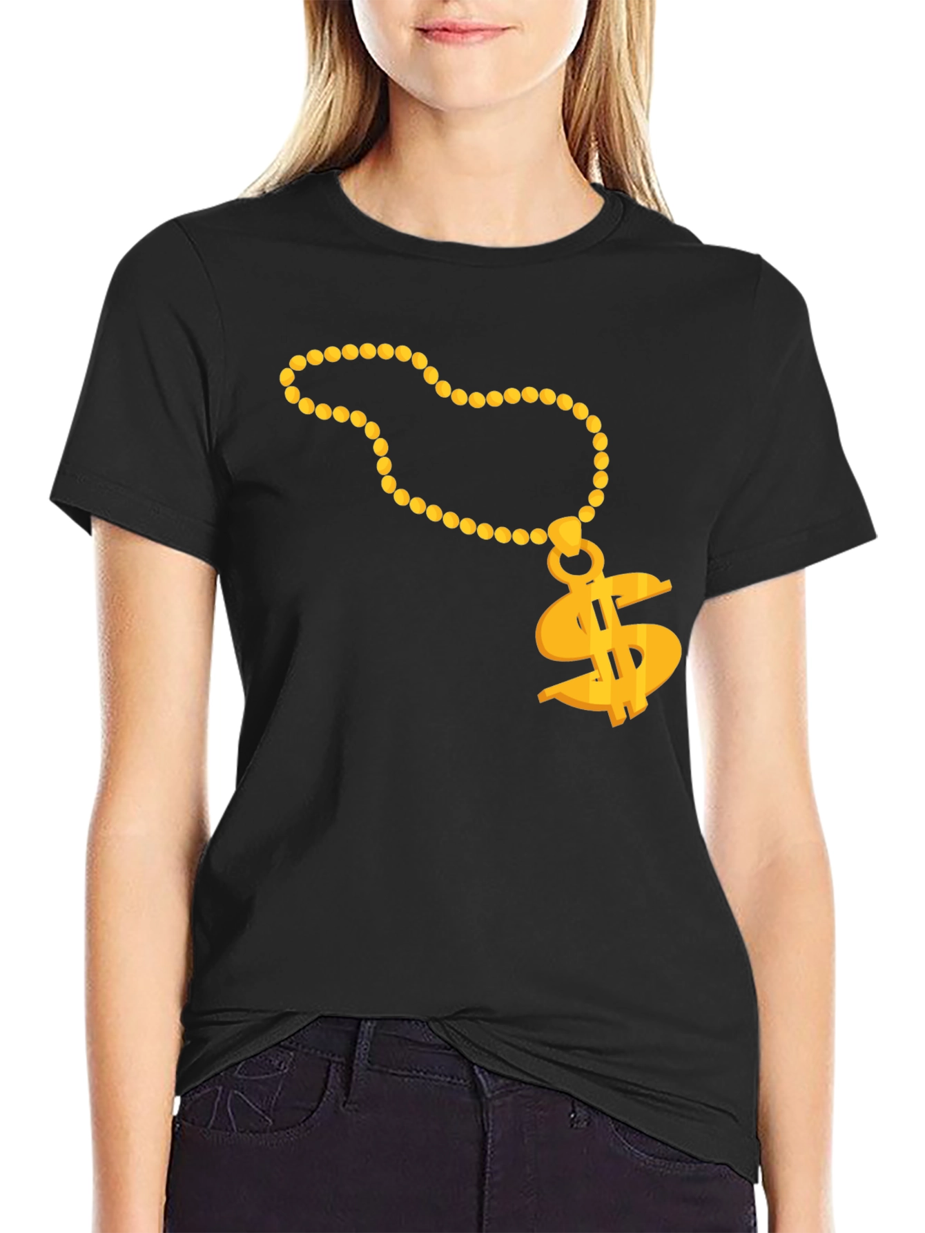 Gold Chain Dollar Sign Black T-Shirt