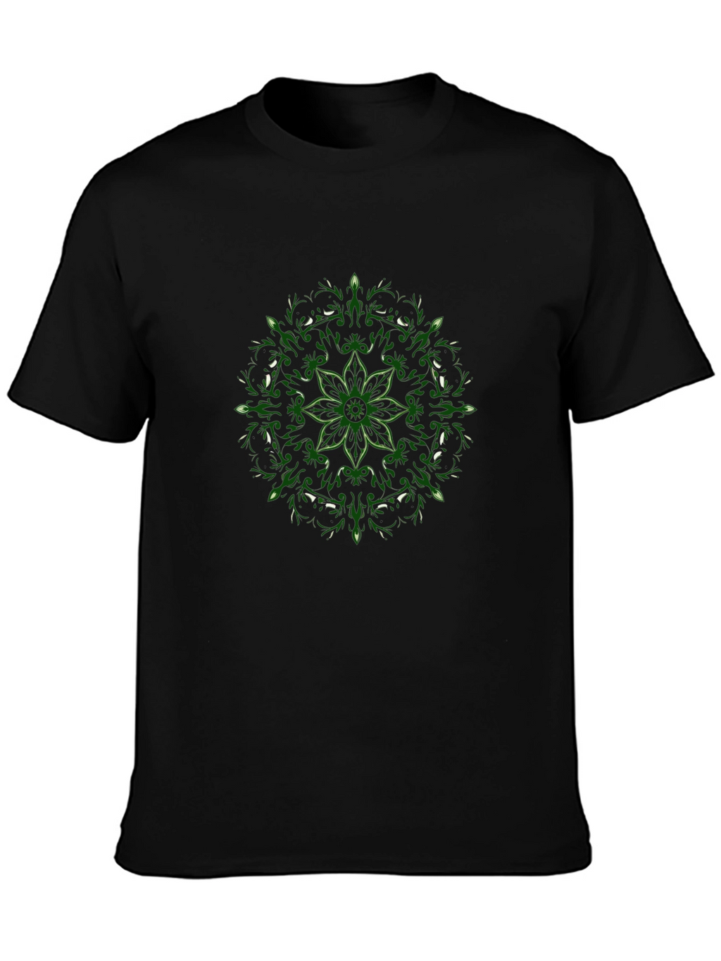 Black T-Shirt with Green Floral Mandala