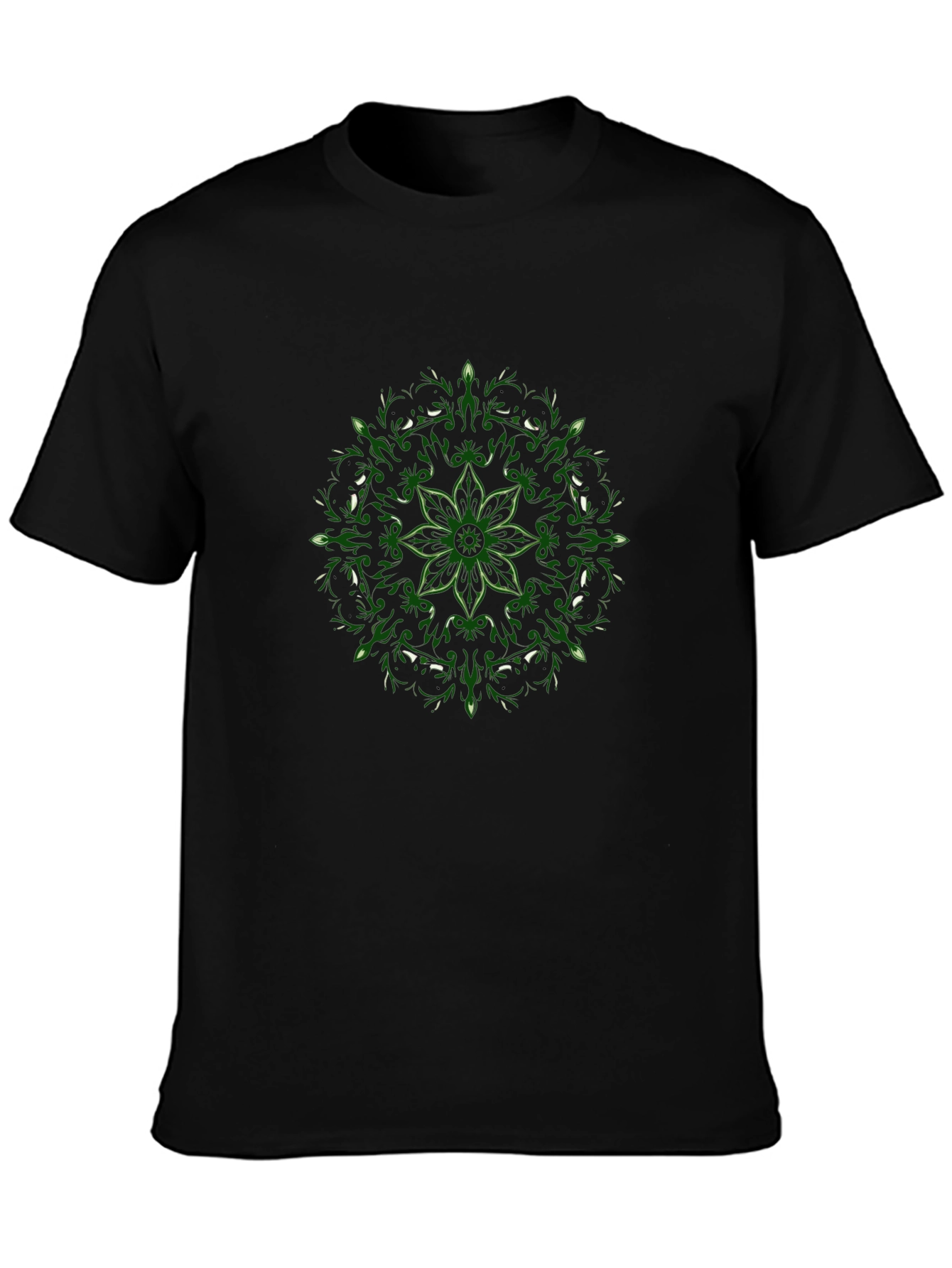 Black T-Shirt with Green Floral Mandala
