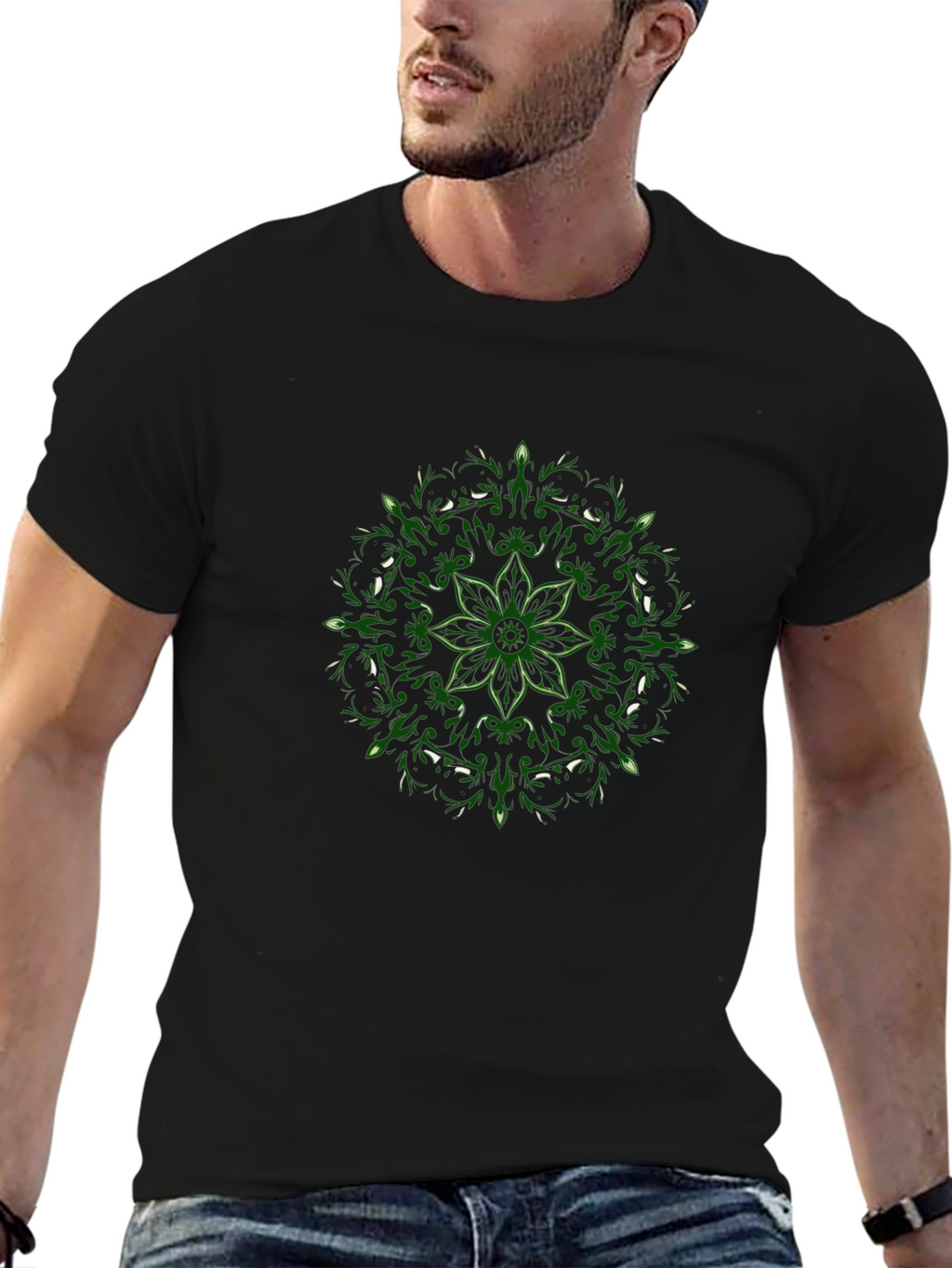Black T-Shirt with Green Floral Mandala