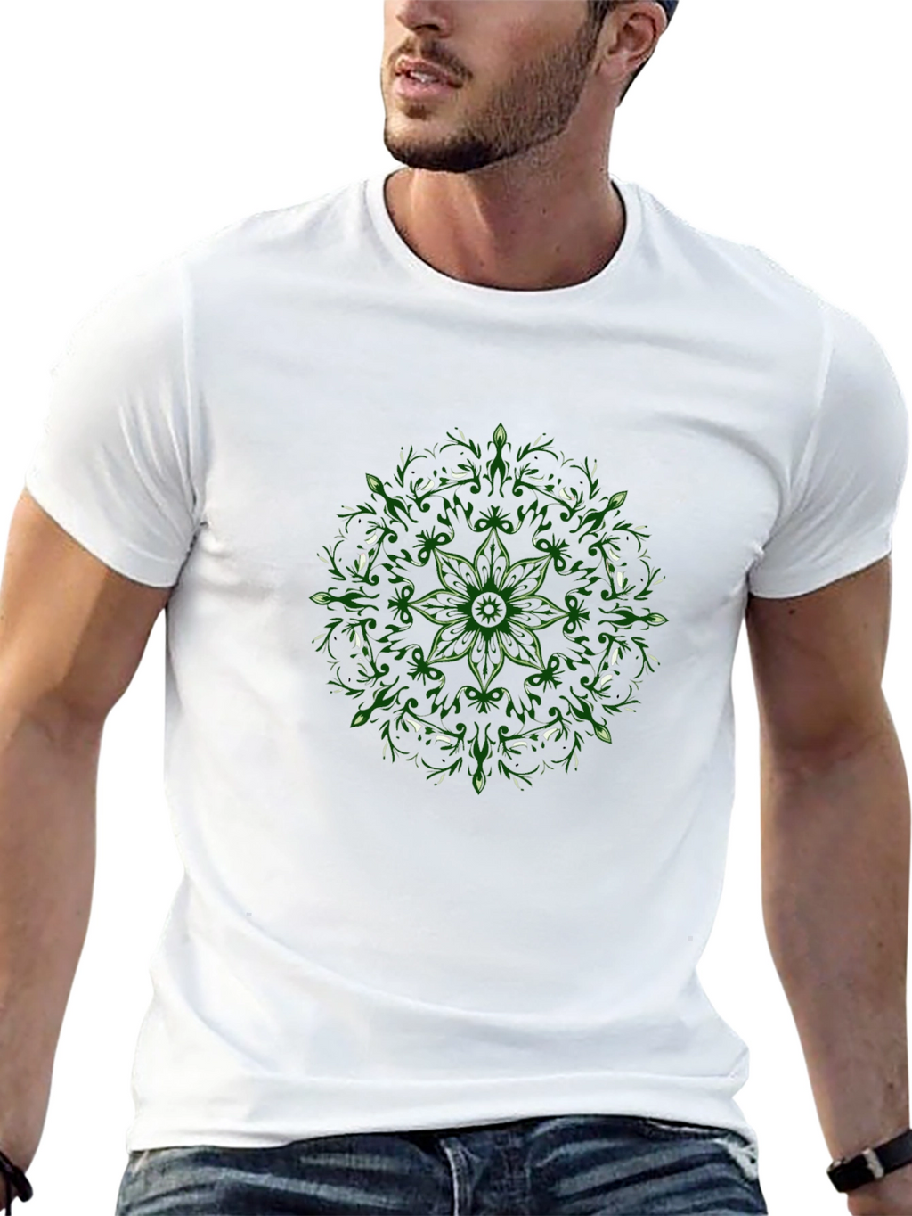 Black T-Shirt with Green Floral Mandala