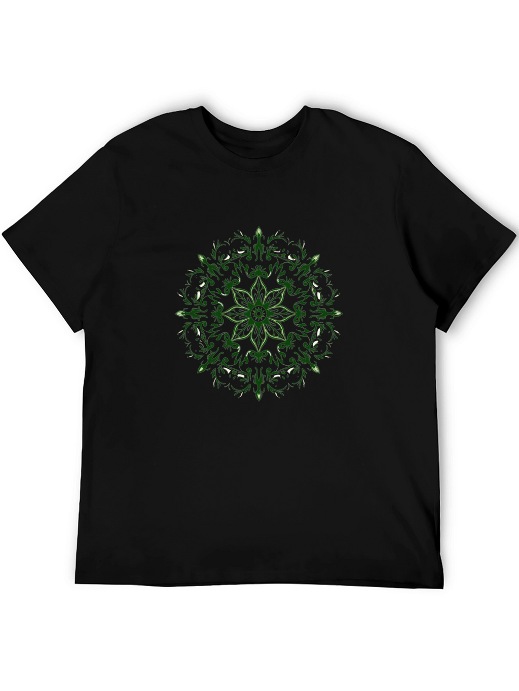 Black T-Shirt with Green Floral Mandala