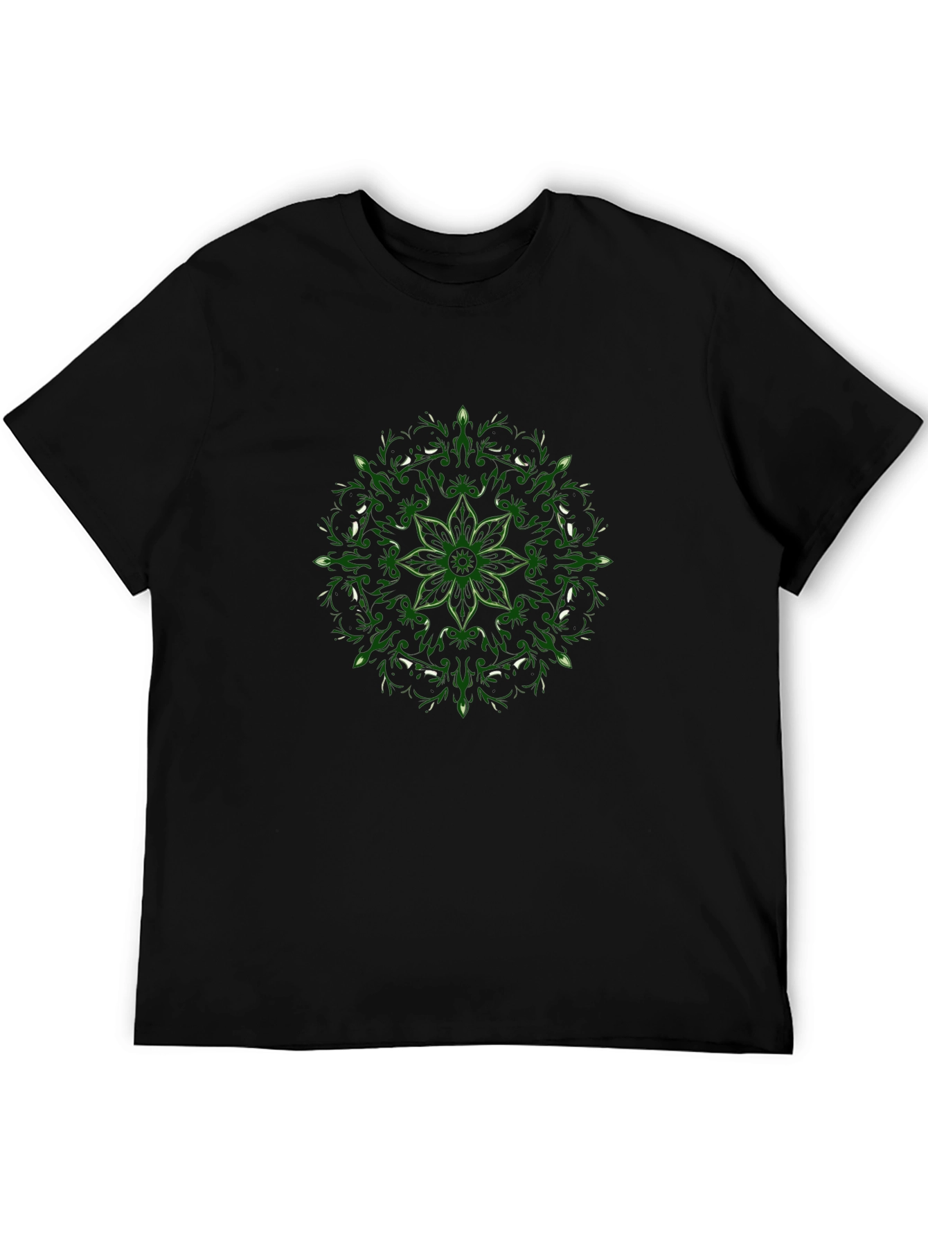 Black T-Shirt with Green Floral Mandala