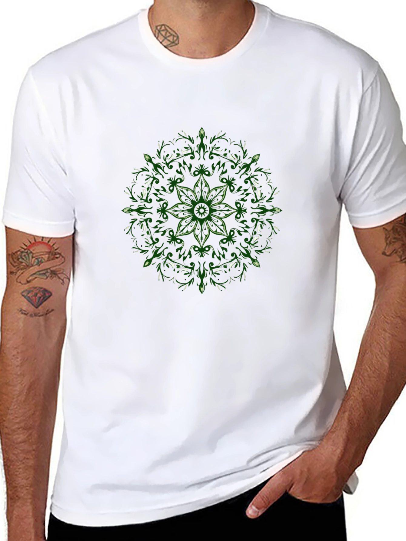 Black T-Shirt with Green Floral Mandala