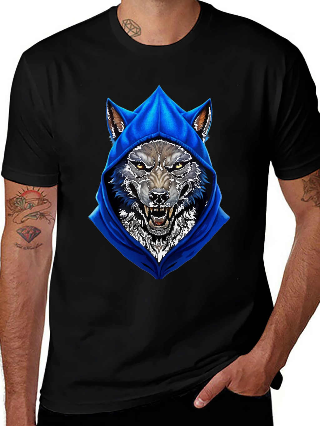 Wolf Hoodie Graphic Tee - Mens Black T-Shirt
