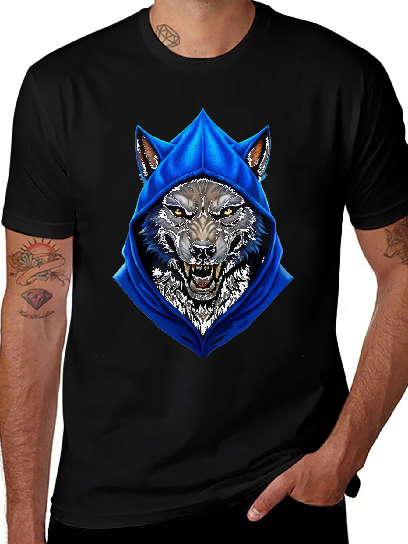Wolf Hoodie Graphic Tee - Mens Black T-Shirt