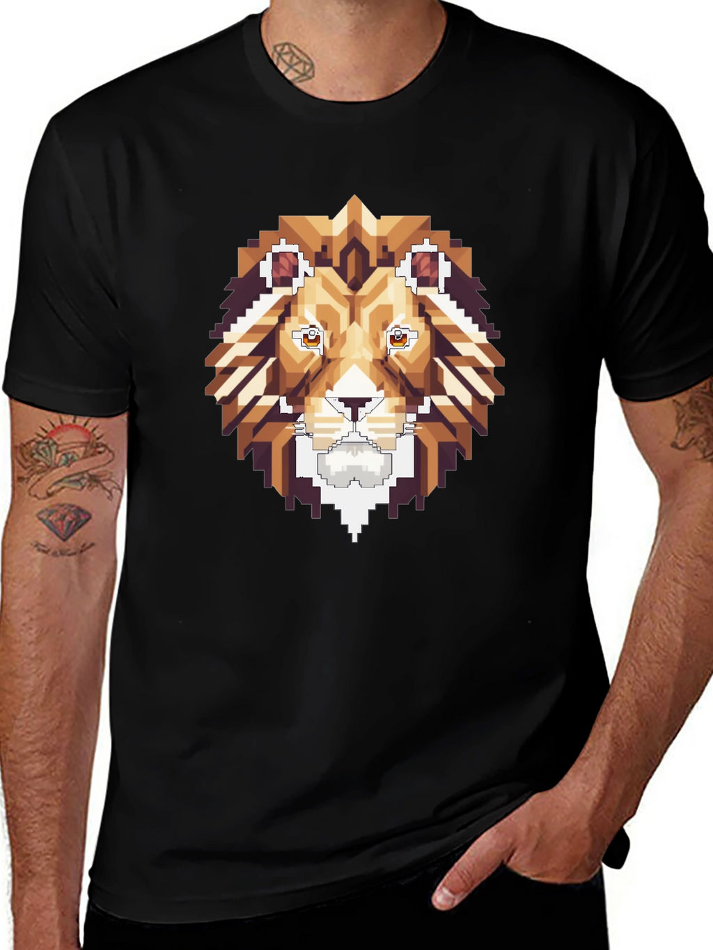 Pixel Art Lion Graphic Tee - Stylish Black T-Shirt