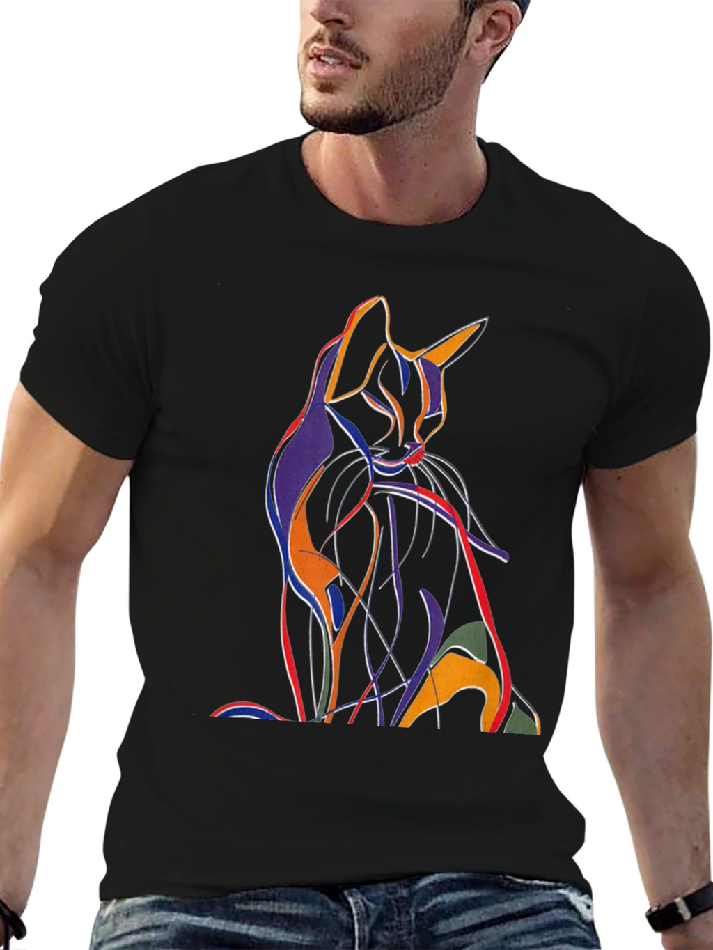 Abstract Cat Graphic T-Shirt - Artistic Mens Tee