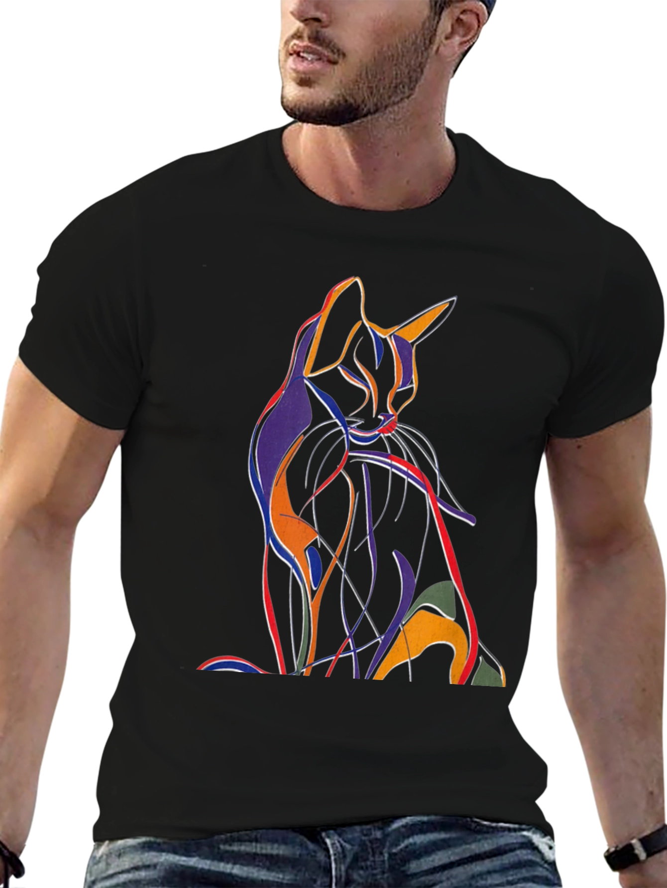 Abstract Cat Graphic T-Shirt - Artistic Mens Tee