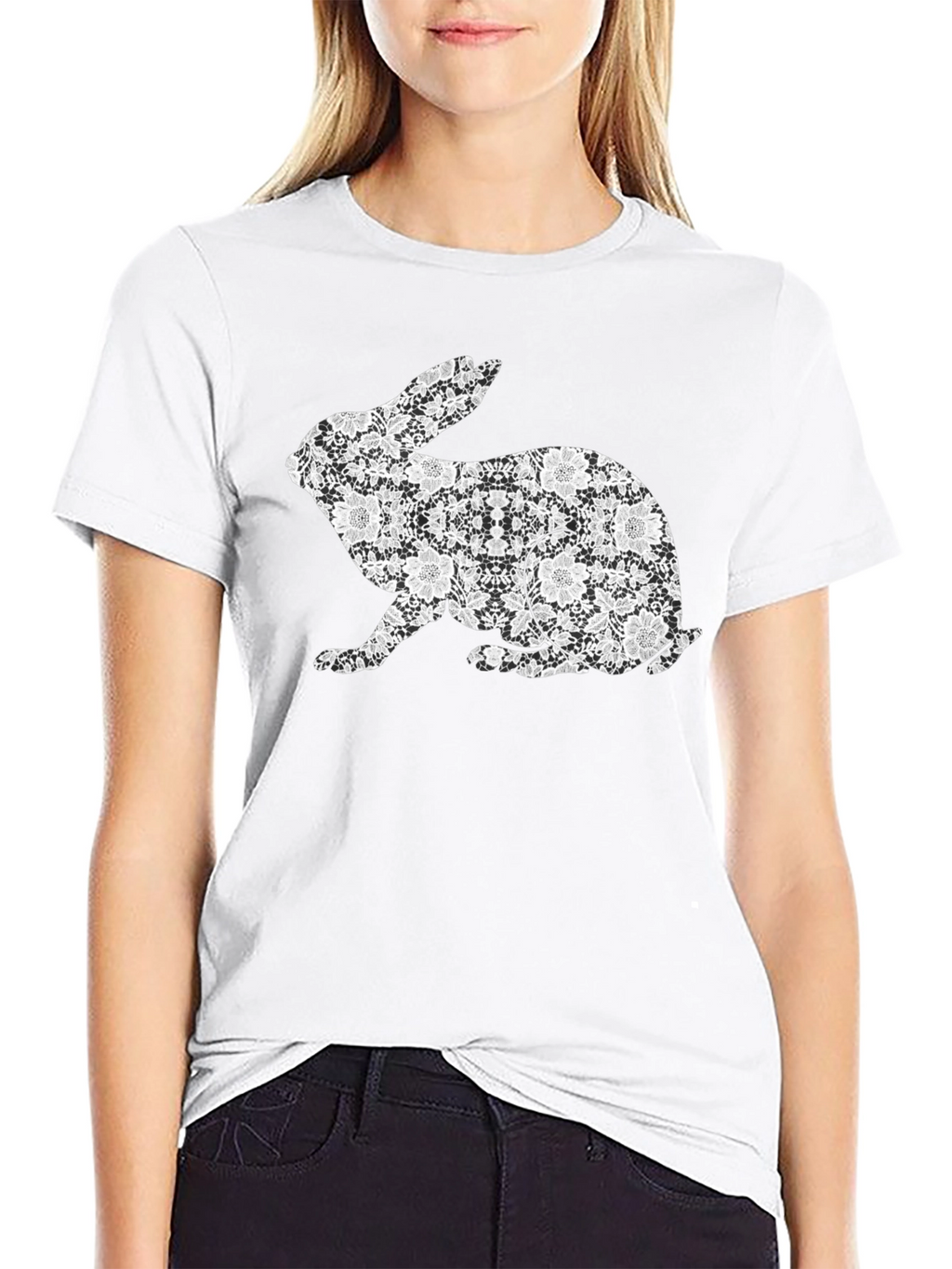 Black Floral Rabbit Graphic T-Shirt