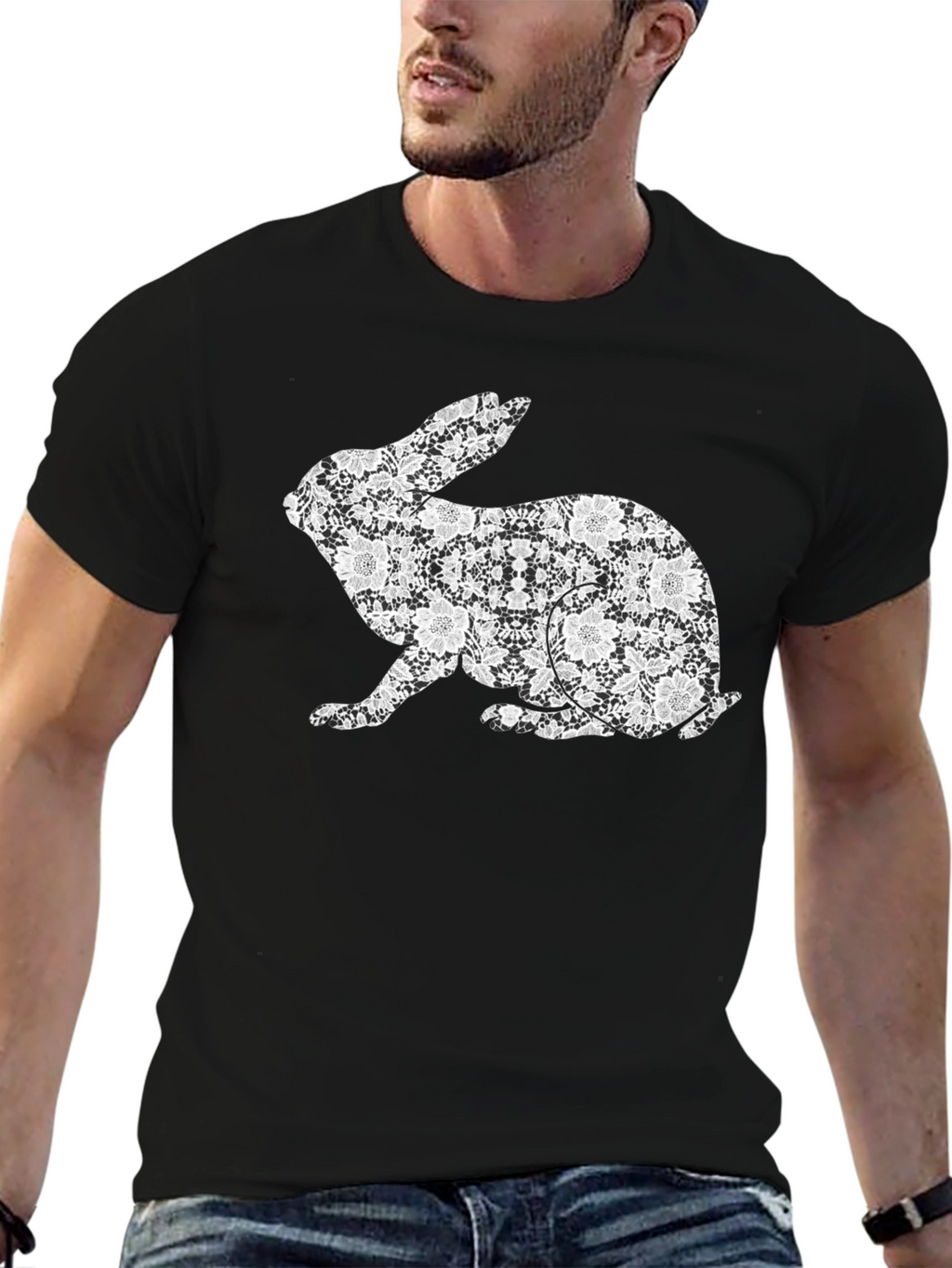 Black Floral Rabbit Graphic T-Shirt