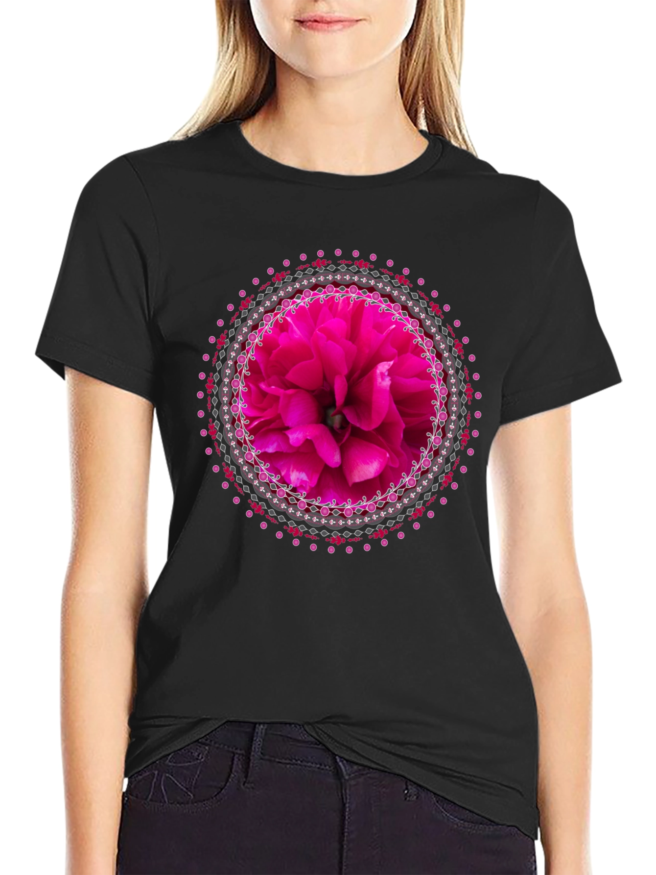Floral Mandala Graphic Tee - Stylish Black T-Shirt